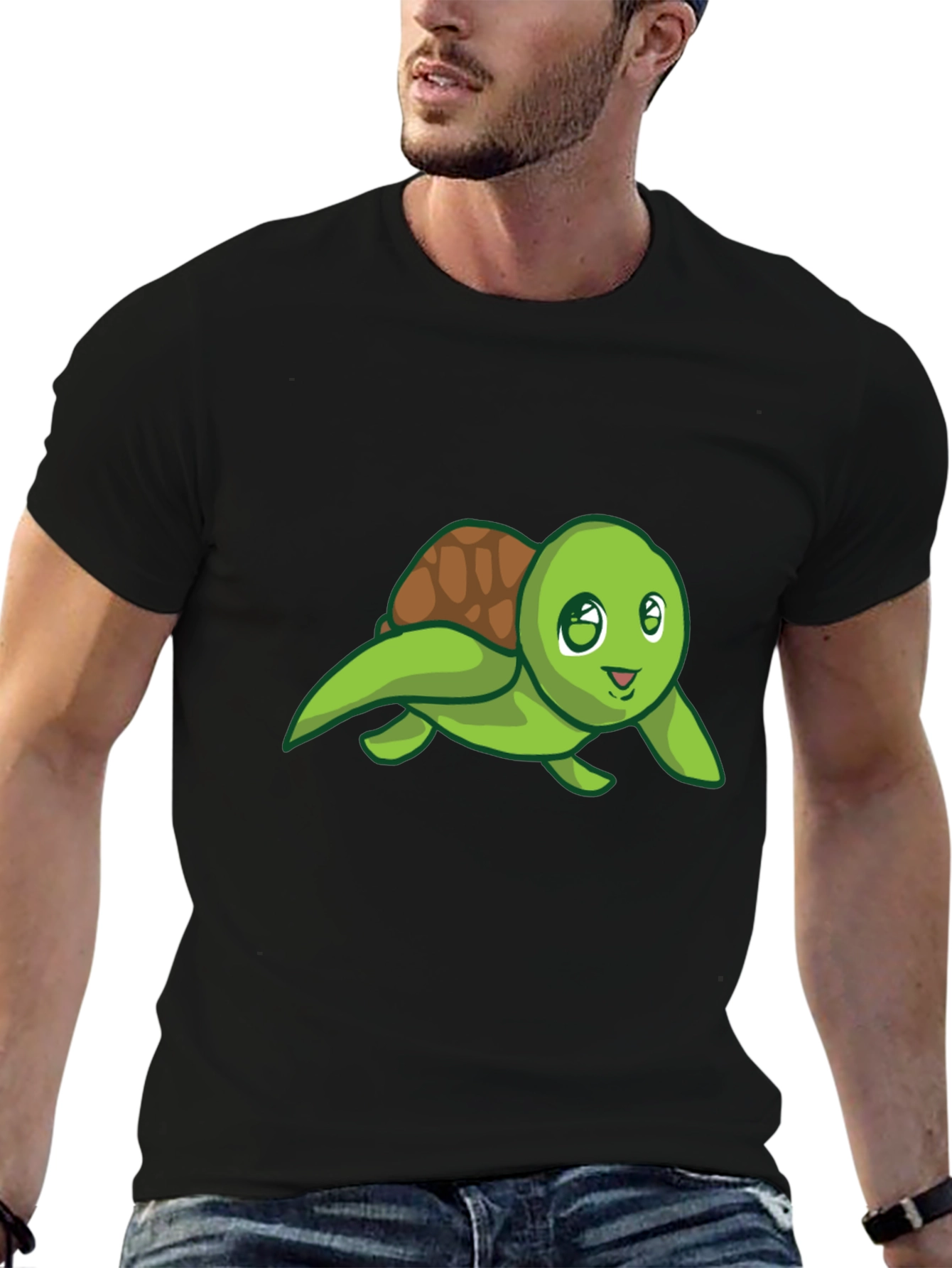 Cute Turtle Graphic Tee - Black Cotton T-Shirt
