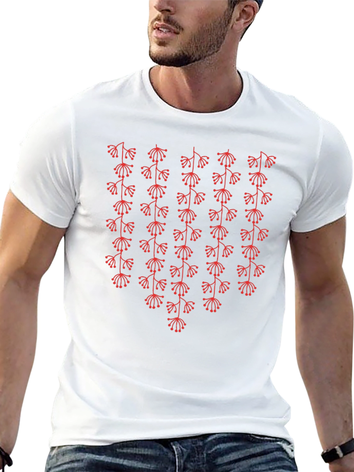 Mens Black T-Shirt with Red Floral Pattern