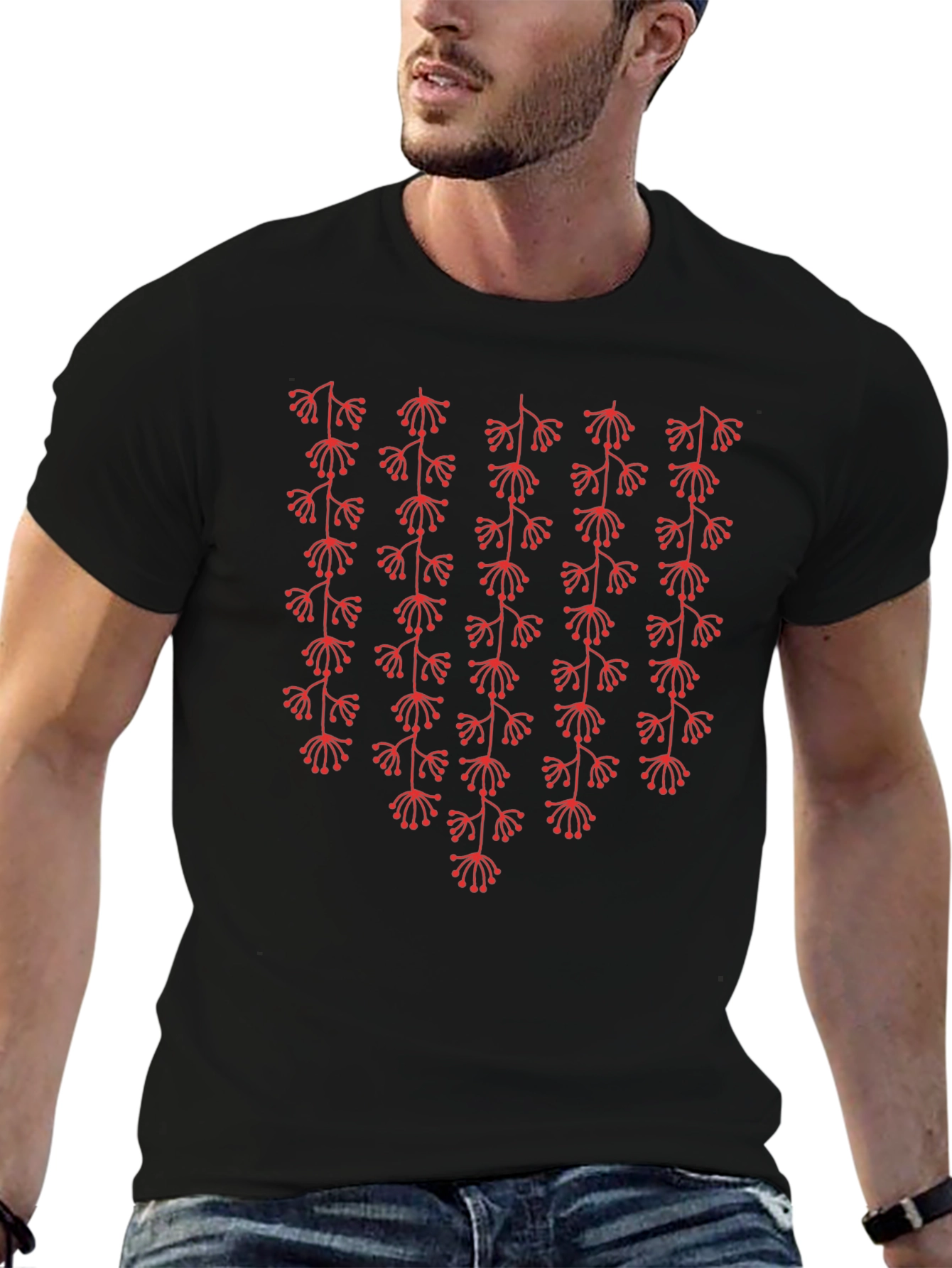 Mens Black T-Shirt with Red Floral Pattern