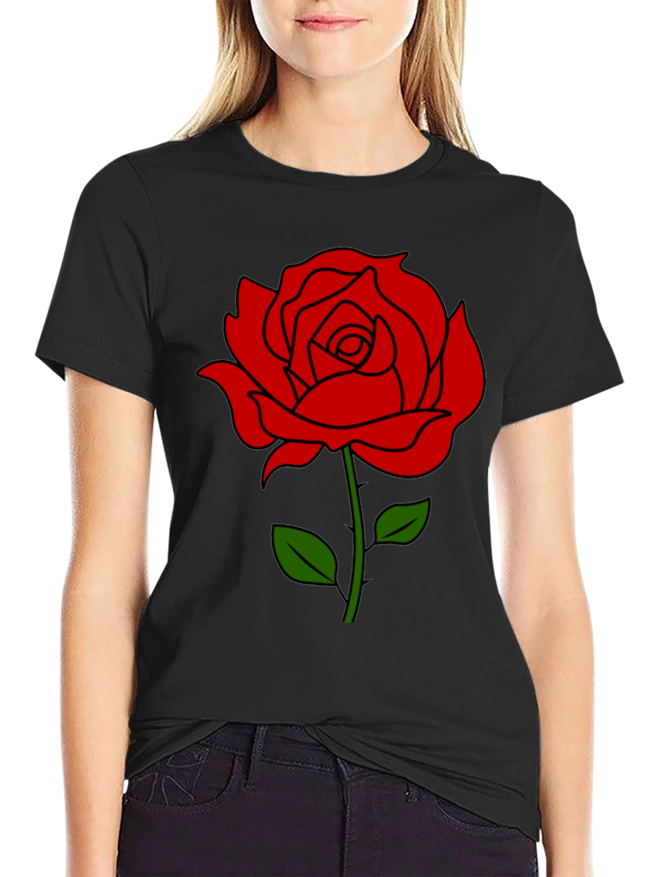 Black T-Shirt with Red Rose Graphic