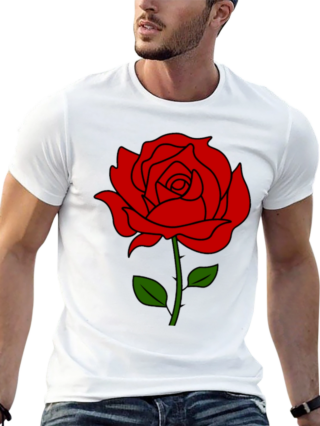 Black T-Shirt with Red Rose Graphic