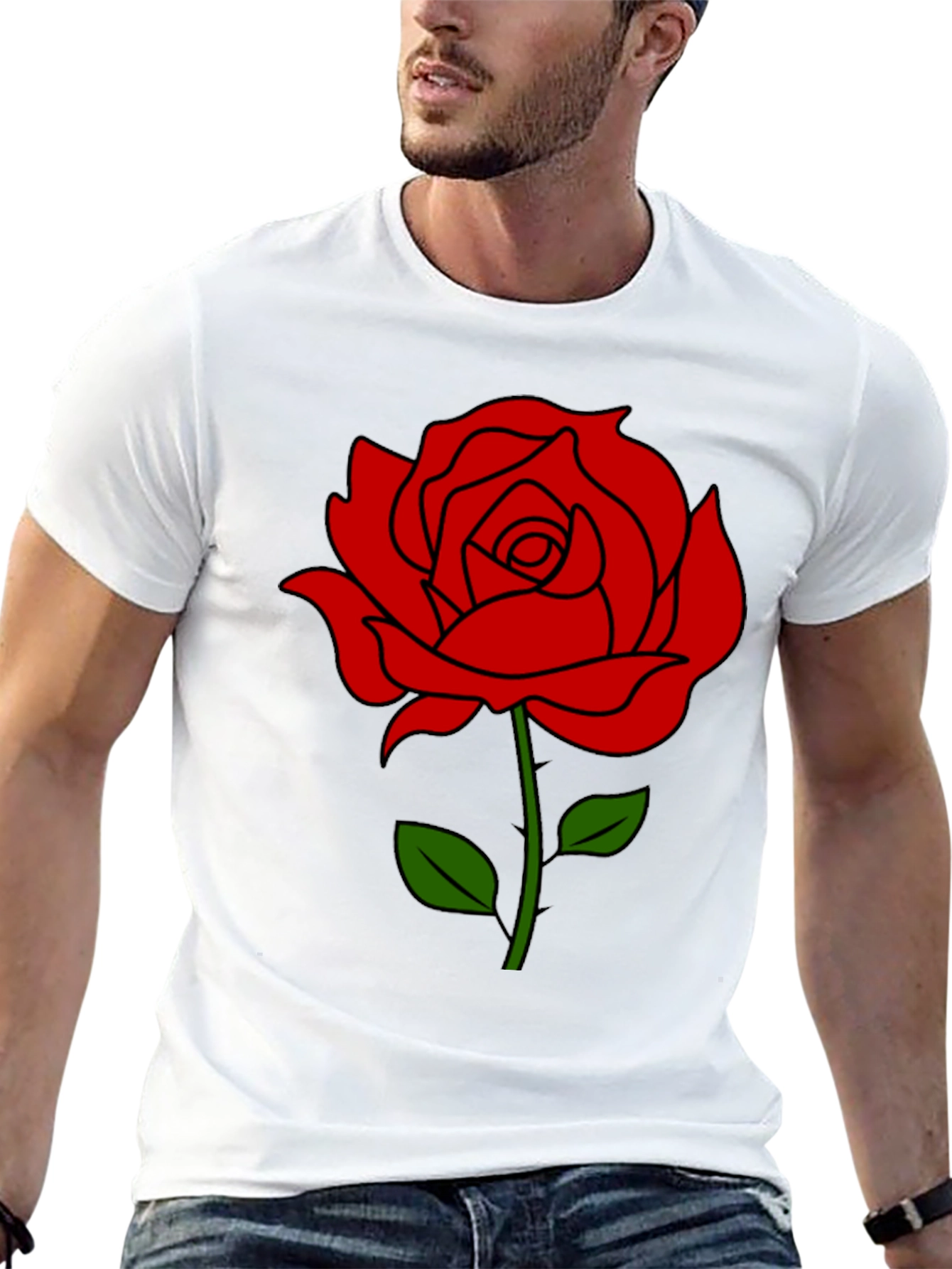 Black T-Shirt with Red Rose Graphic