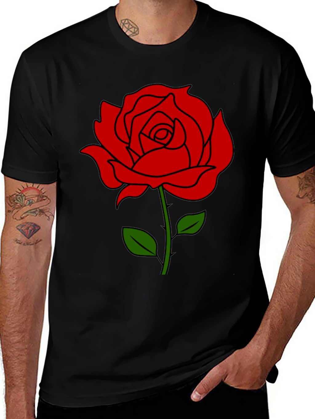 Black T-Shirt with Red Rose Graphic