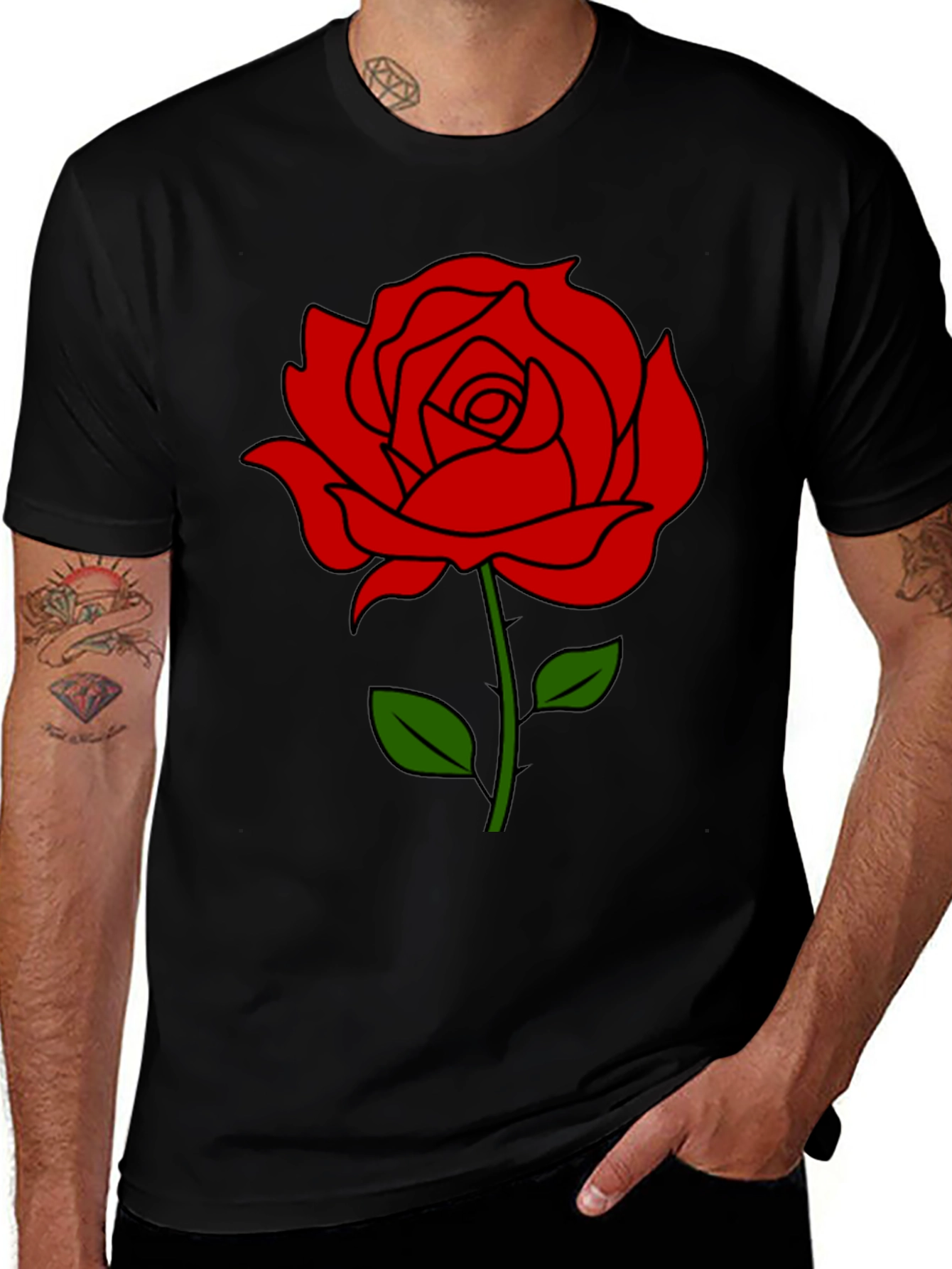 Black T-Shirt with Red Rose Graphic