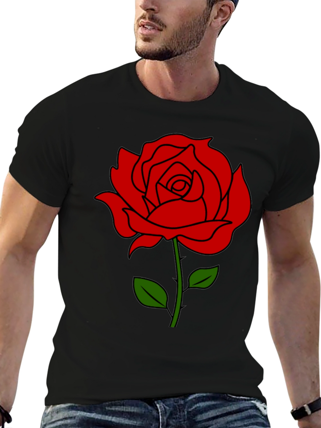 Black T-Shirt with Red Rose Graphic
