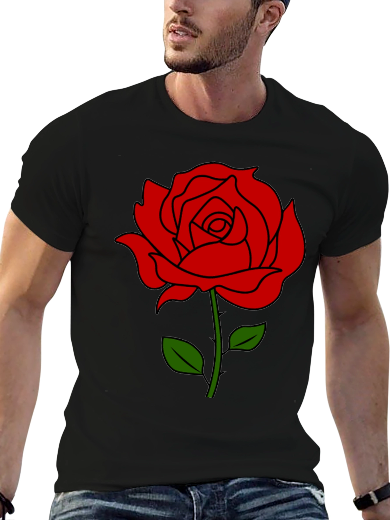 Black T-Shirt with Red Rose Graphic