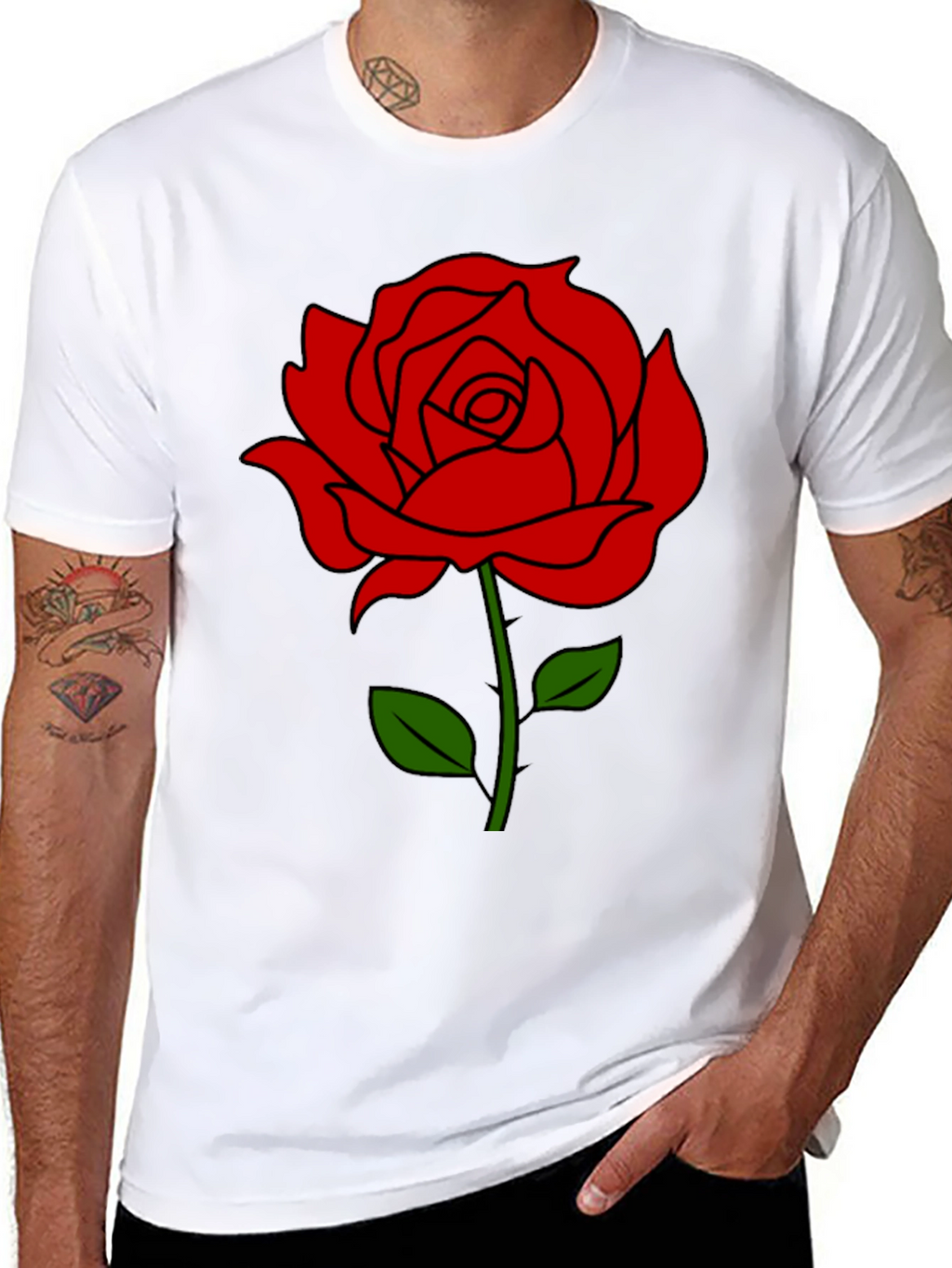 Black T-Shirt with Red Rose Graphic