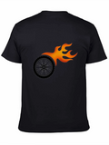 Black Graphic Tee - Flaming Wheel Design