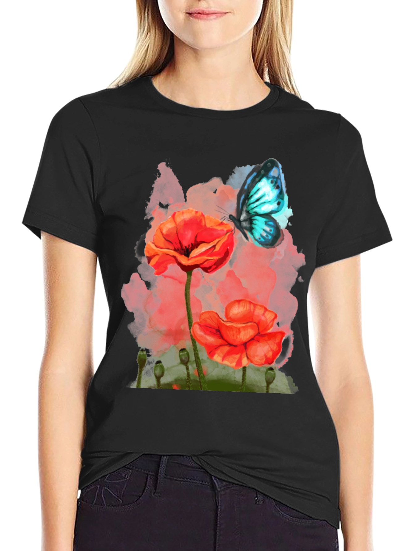 Floral Butterfly Graphic Tee - Mens Black T-Shirt