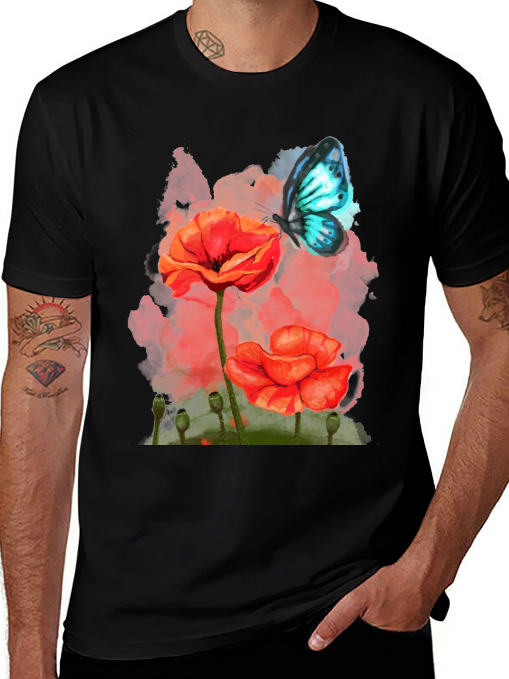 Floral Butterfly Graphic Tee - Mens Black T-Shirt
