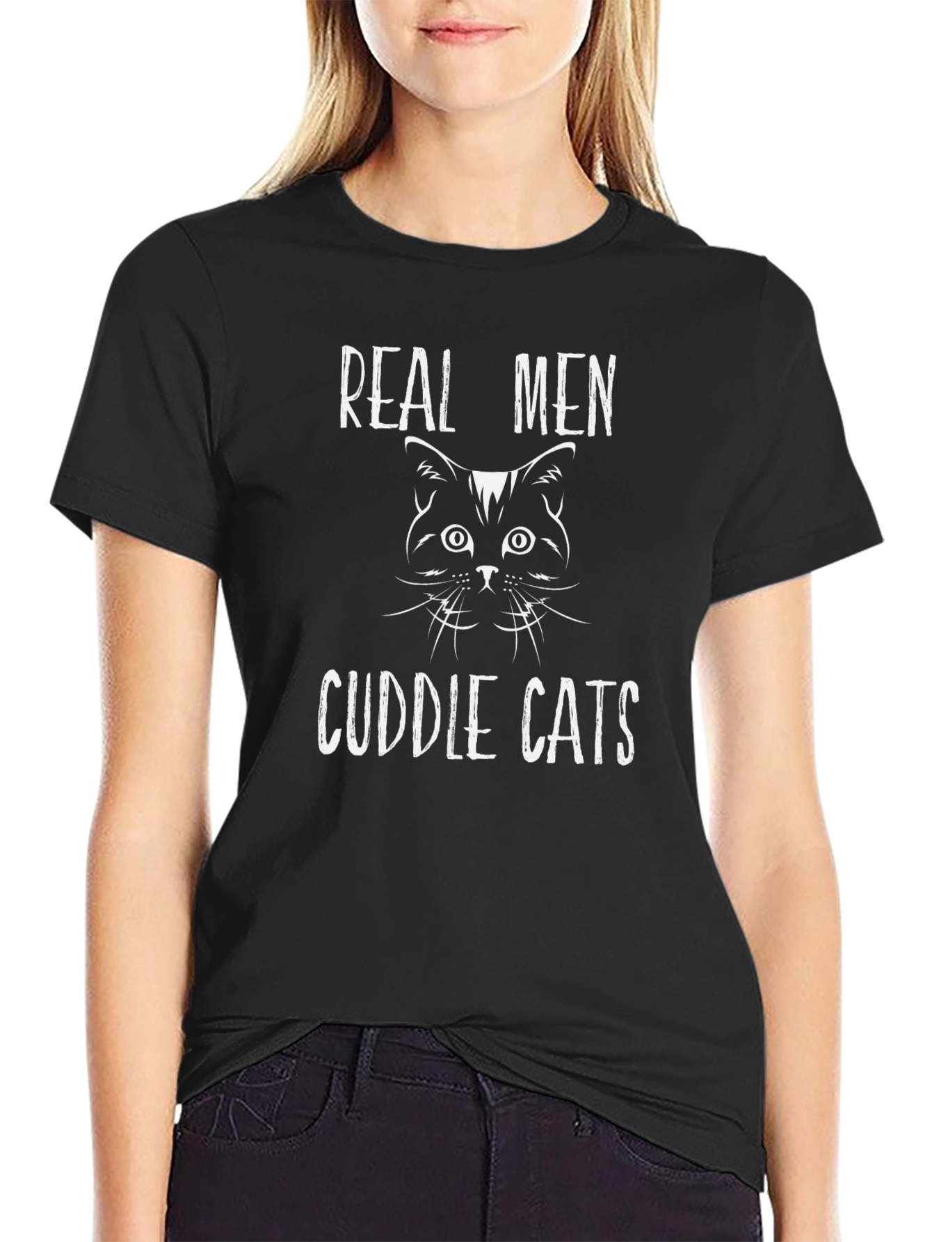Real Men Cuddle Cats Black T-Shirt