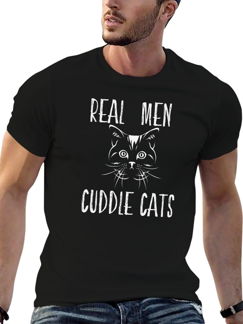 Real Men Cuddle Cats Black T-Shirt