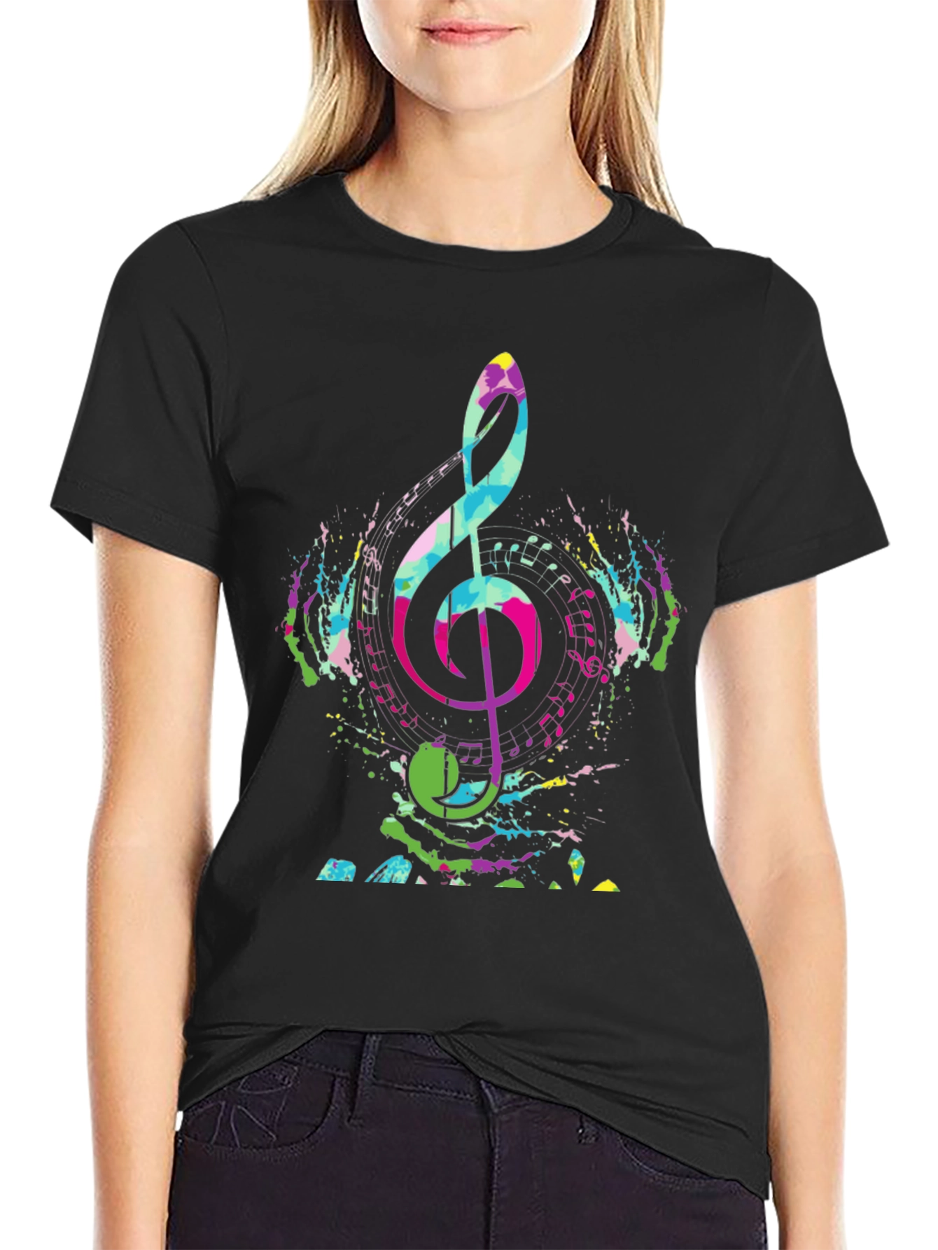 Colorful Music Note Graphic Tee - Black