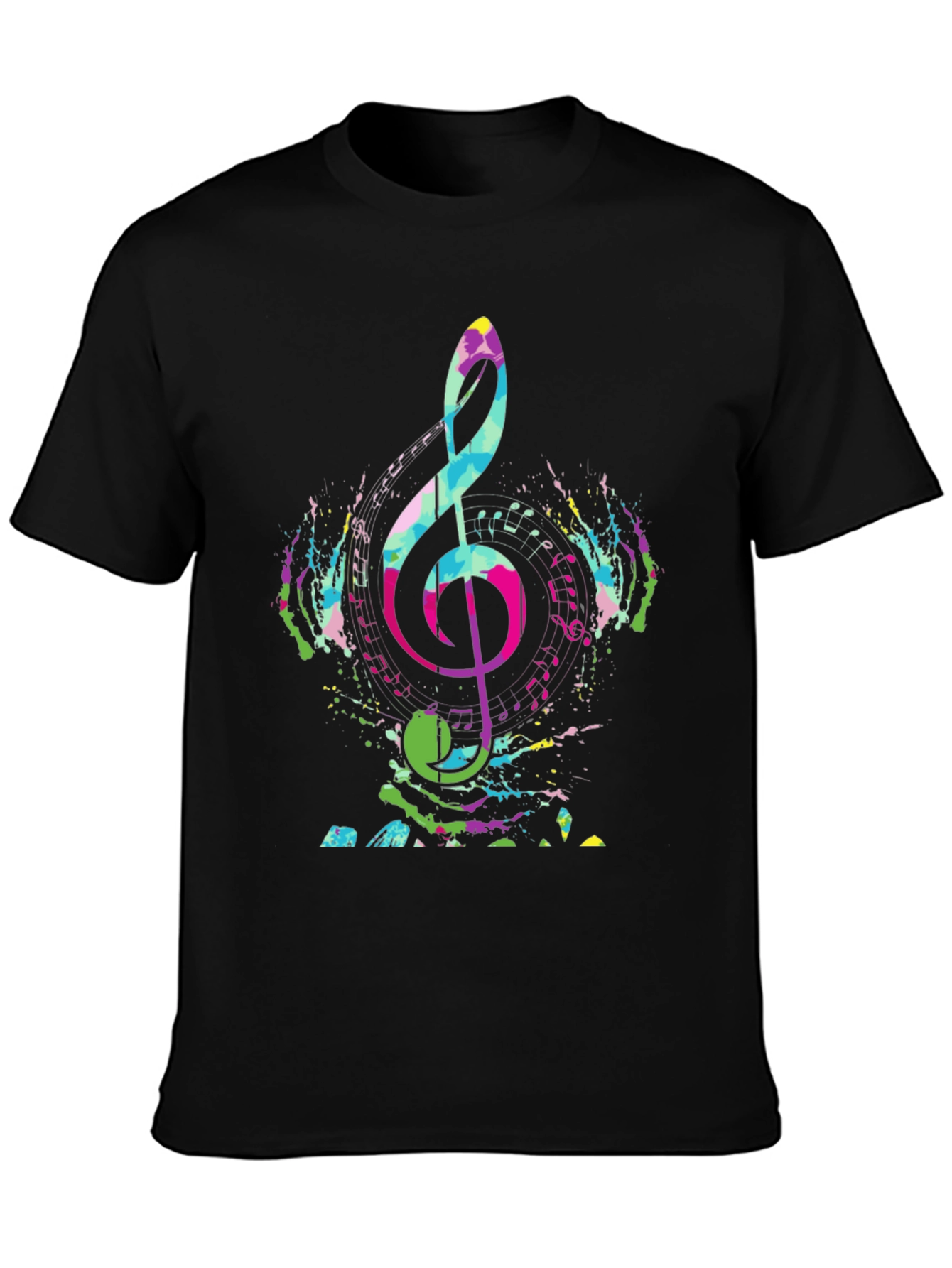 Colorful Music Note Graphic Tee - Black