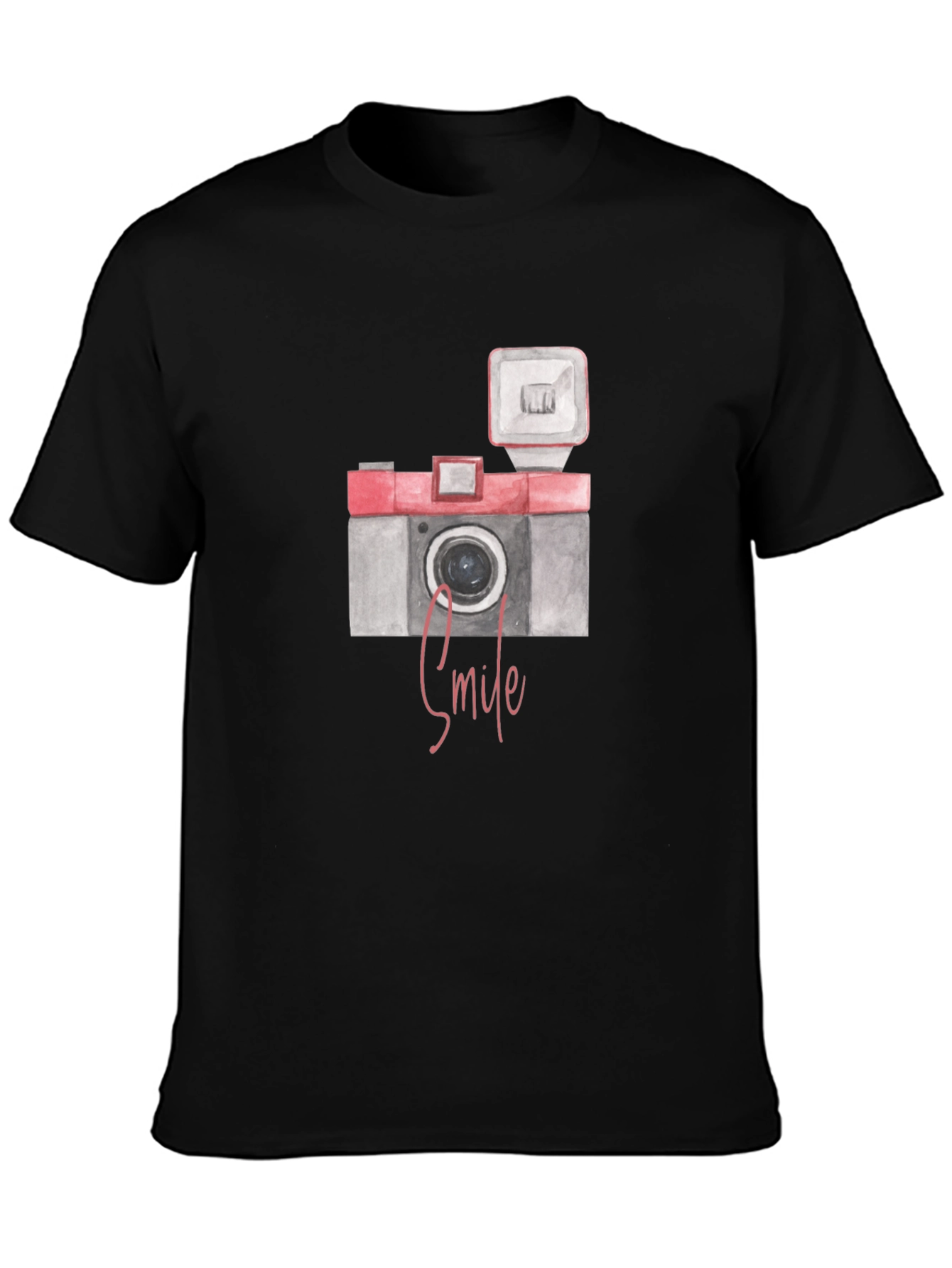 Vintage Camera Smile Graphic Tee - Black Cotton