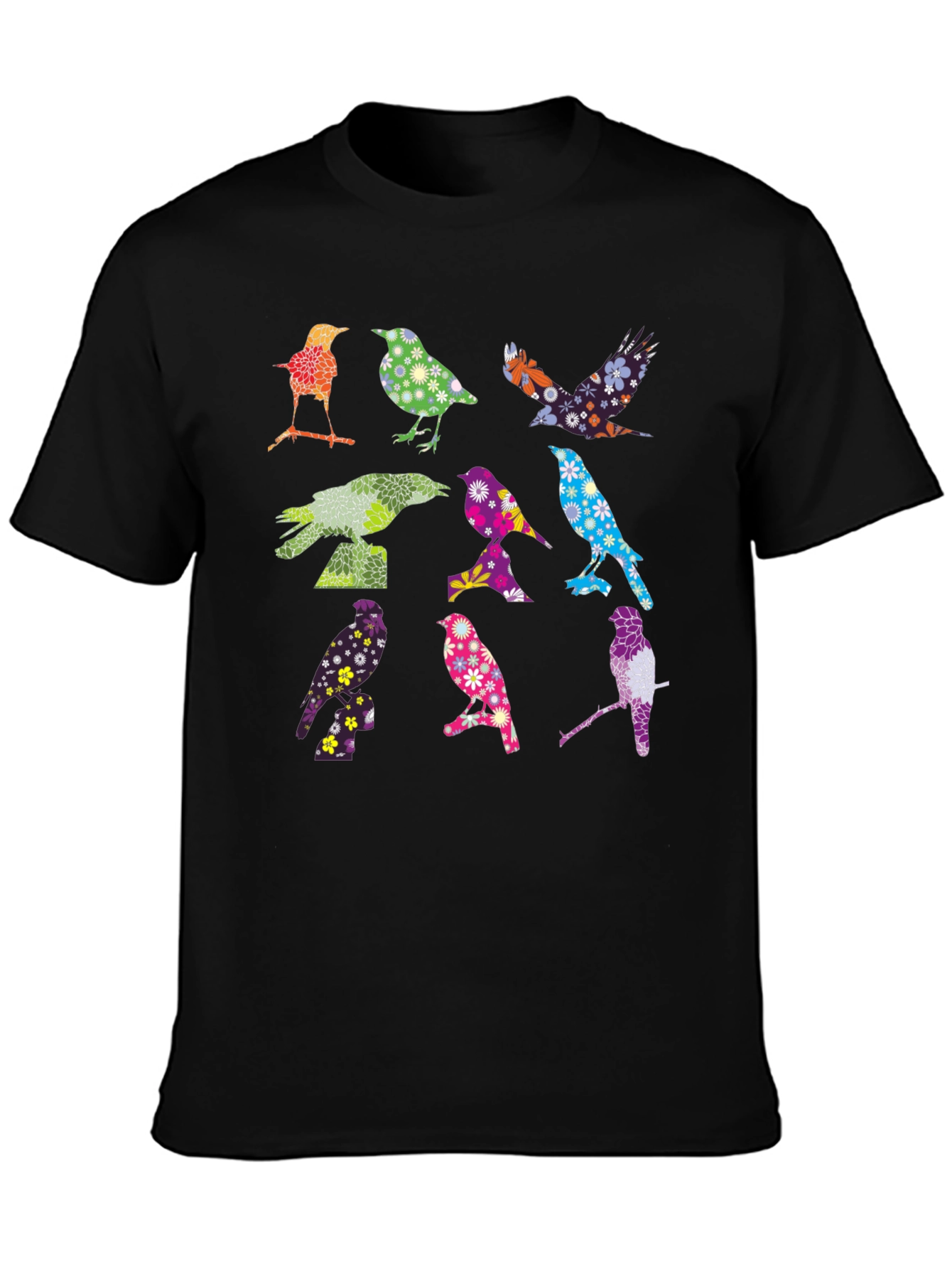Colorful Birds Graphic Tee - Black Cotton T-Shirt