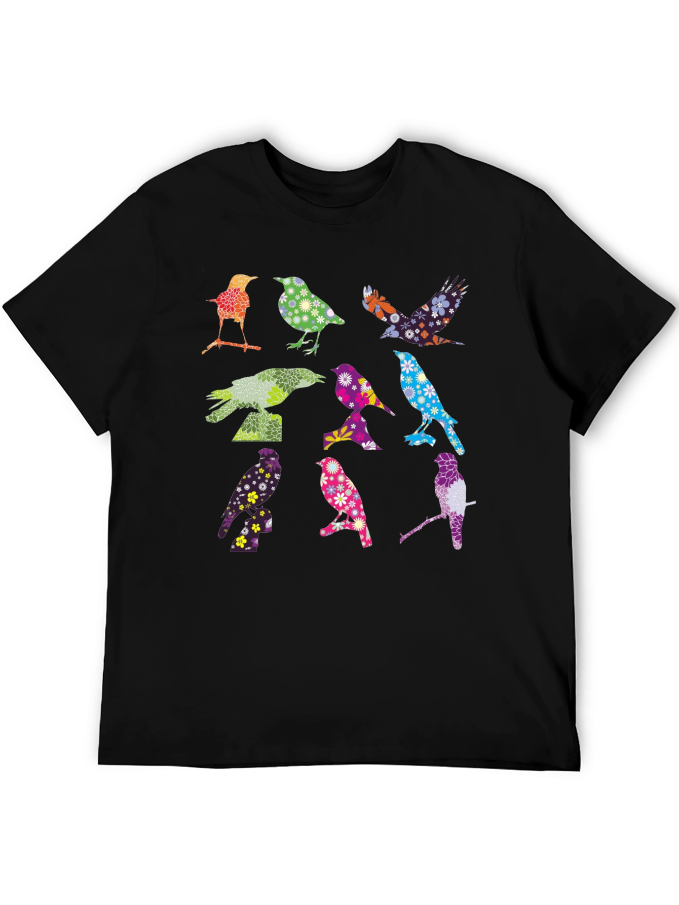 Colorful Birds Graphic Tee - Black Cotton T-Shirt