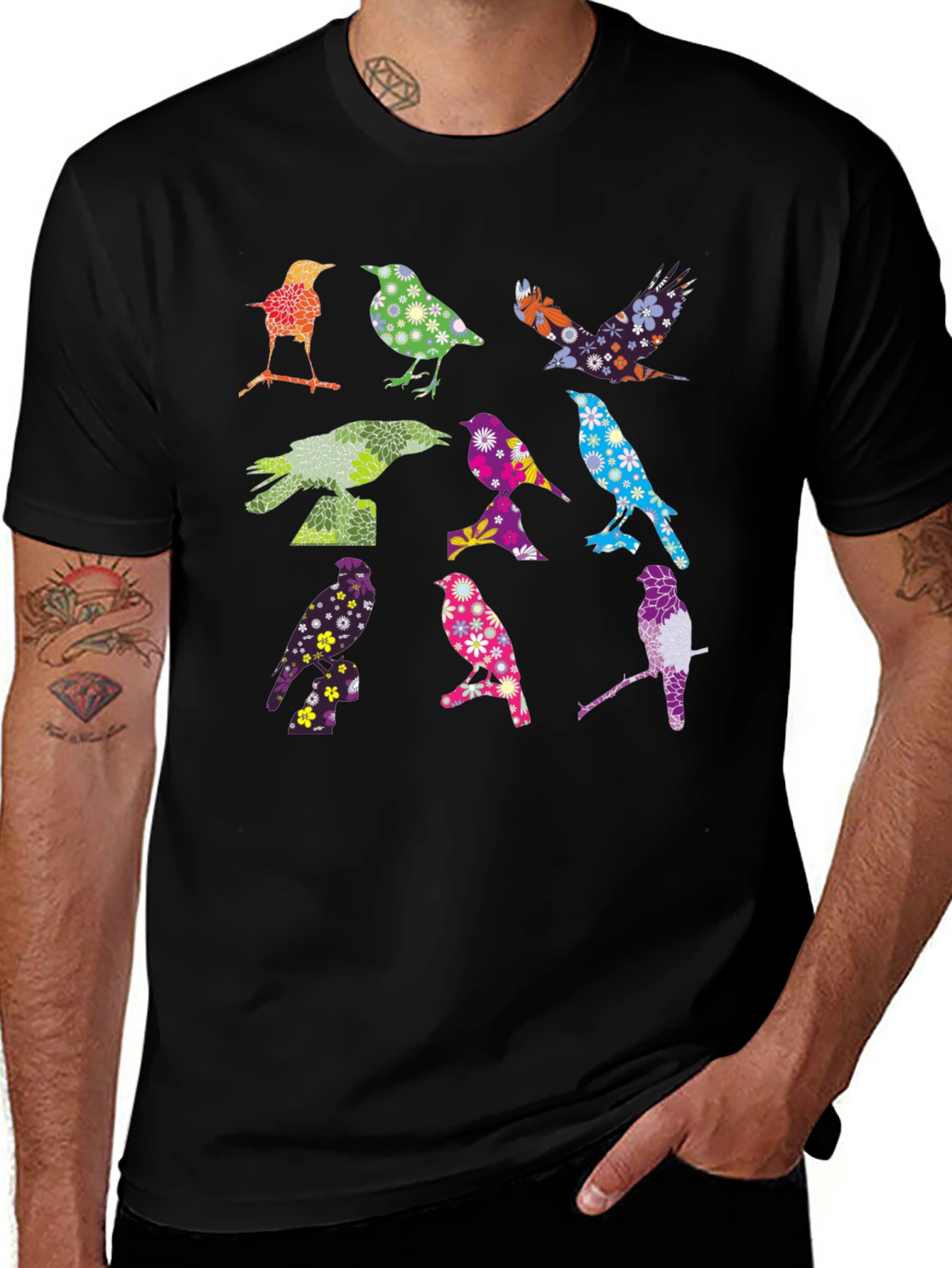 Colorful Birds Graphic Tee - Black Cotton T-Shirt