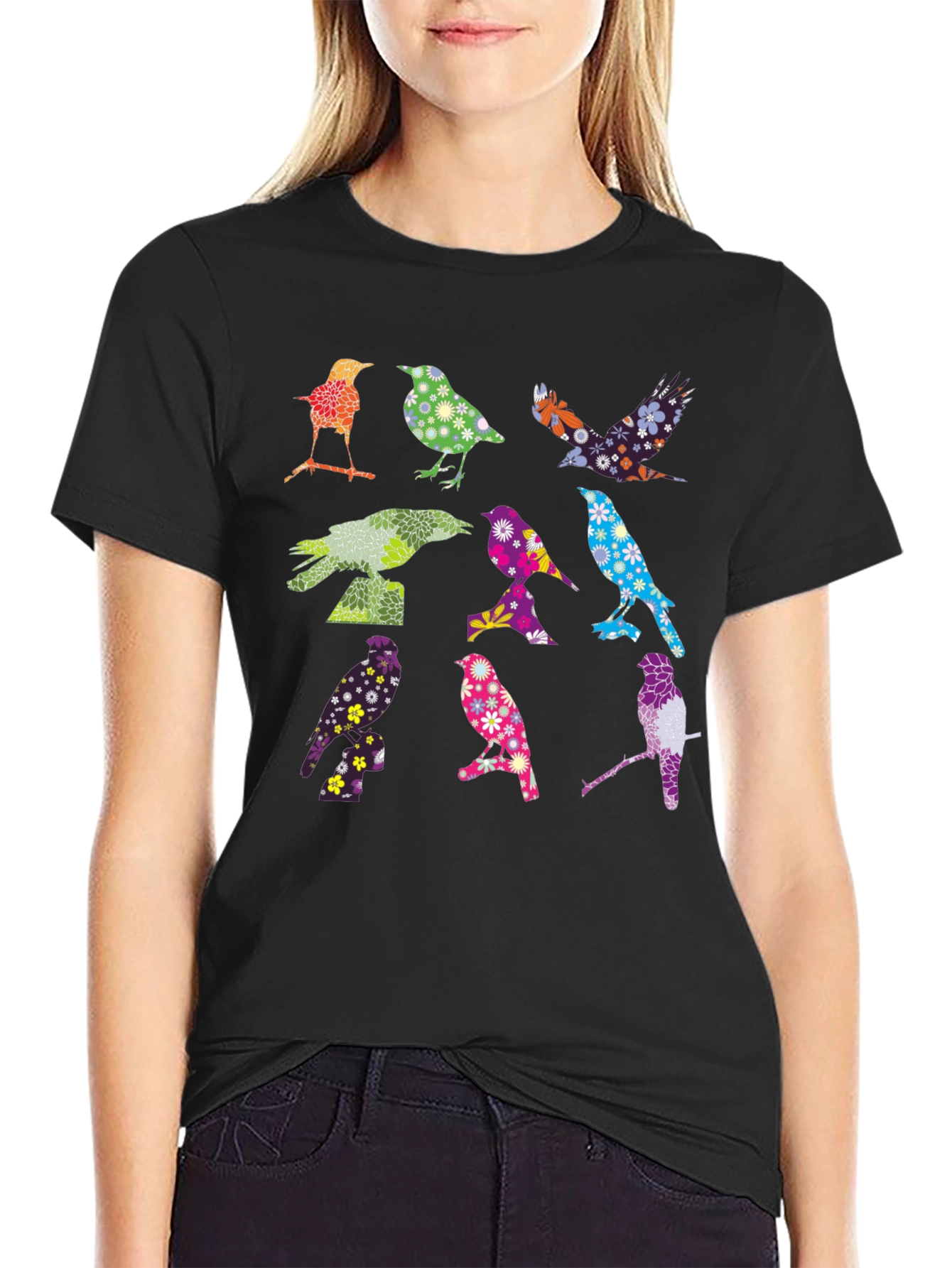 Colorful Birds Graphic Tee - Black Cotton T-Shirt