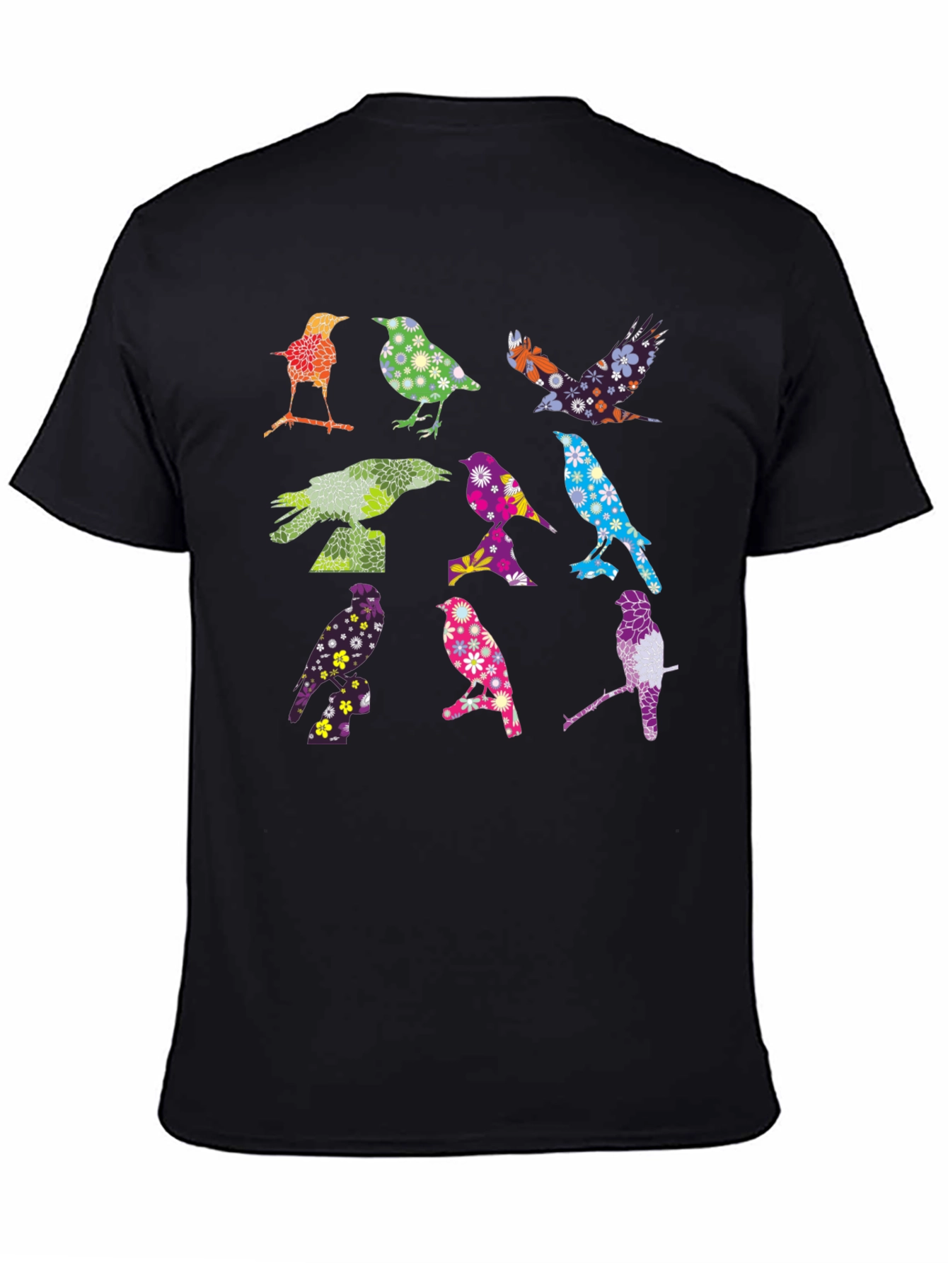 Colorful Birds Graphic Tee - Black Cotton T-Shirt