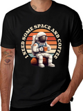 Space & Coffee Graphic T-Shirt - Relaxed Astronaut Design