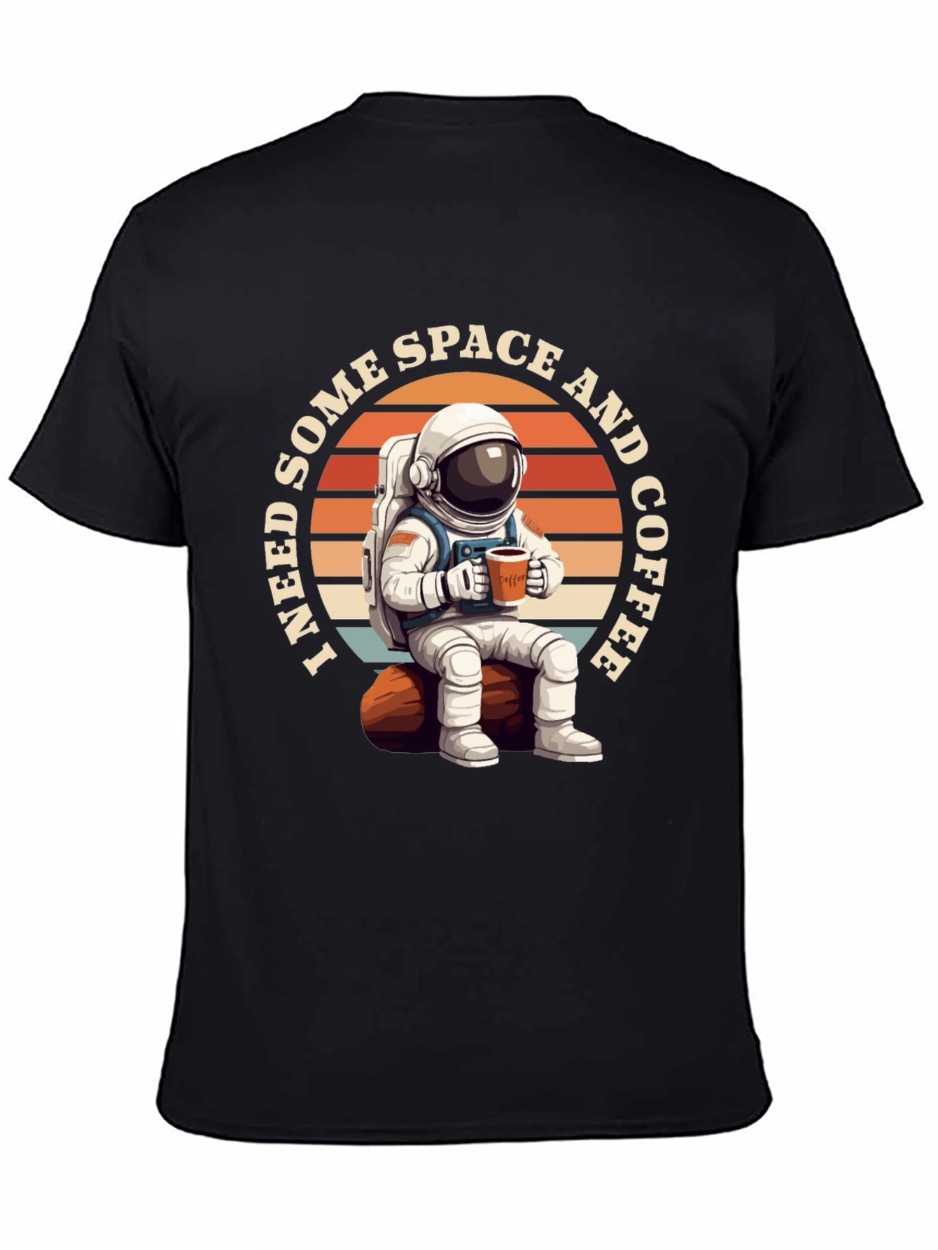 Space & Coffee Graphic T-Shirt - Relaxed Astronaut Design