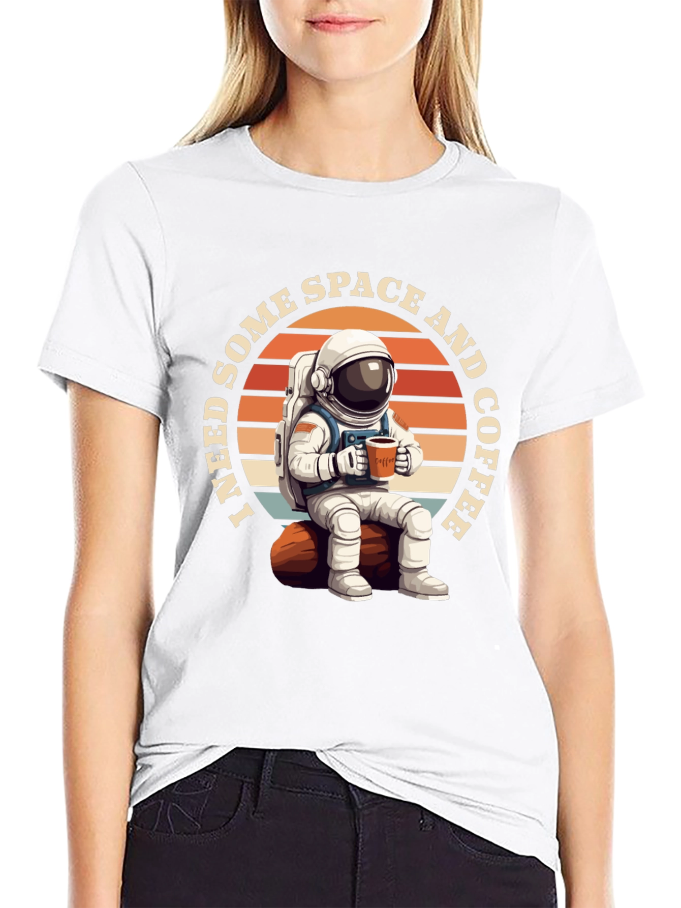 Space & Coffee Graphic T-Shirt - Relaxed Astronaut Design