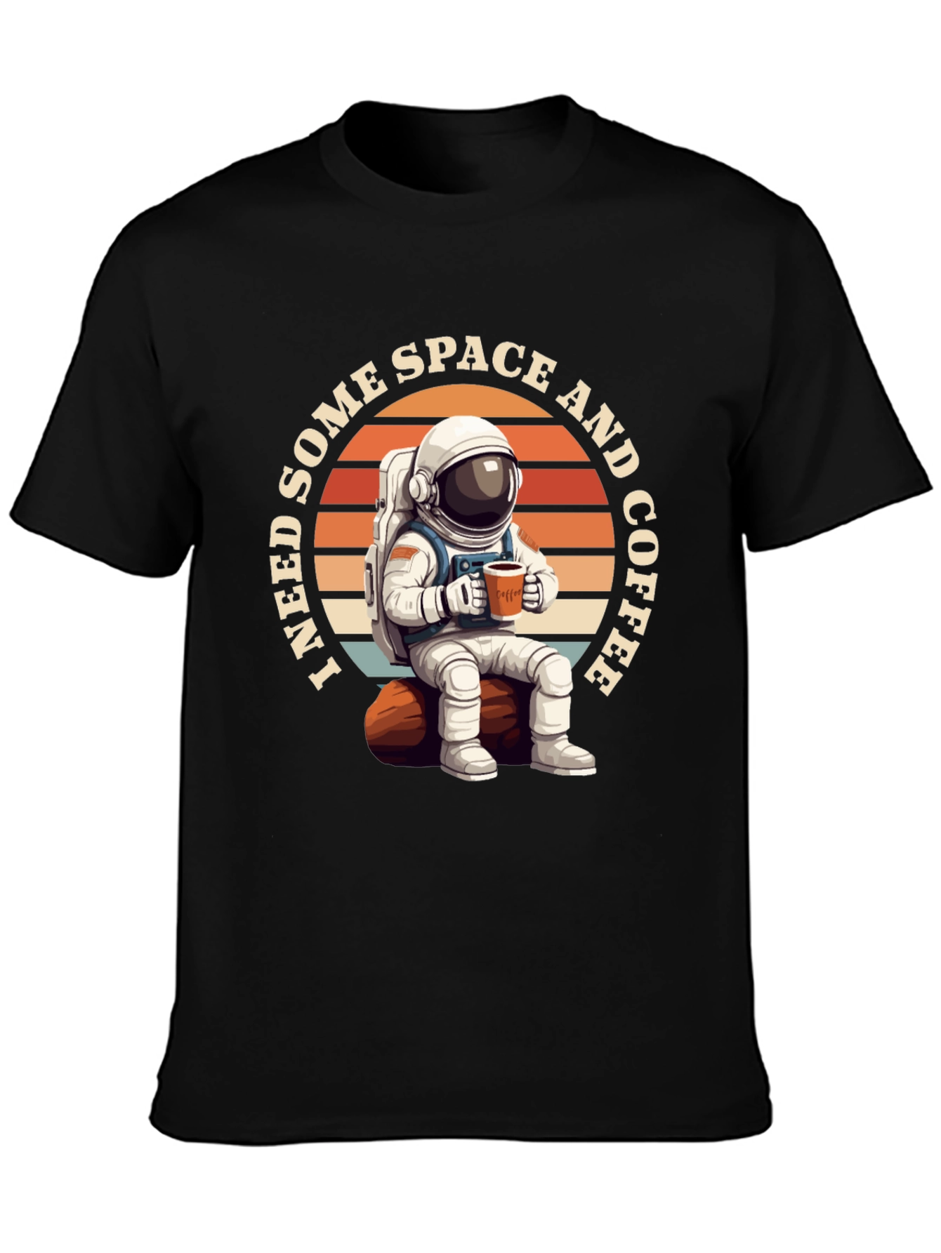 Space & Coffee Graphic T-Shirt - Relaxed Astronaut Design
