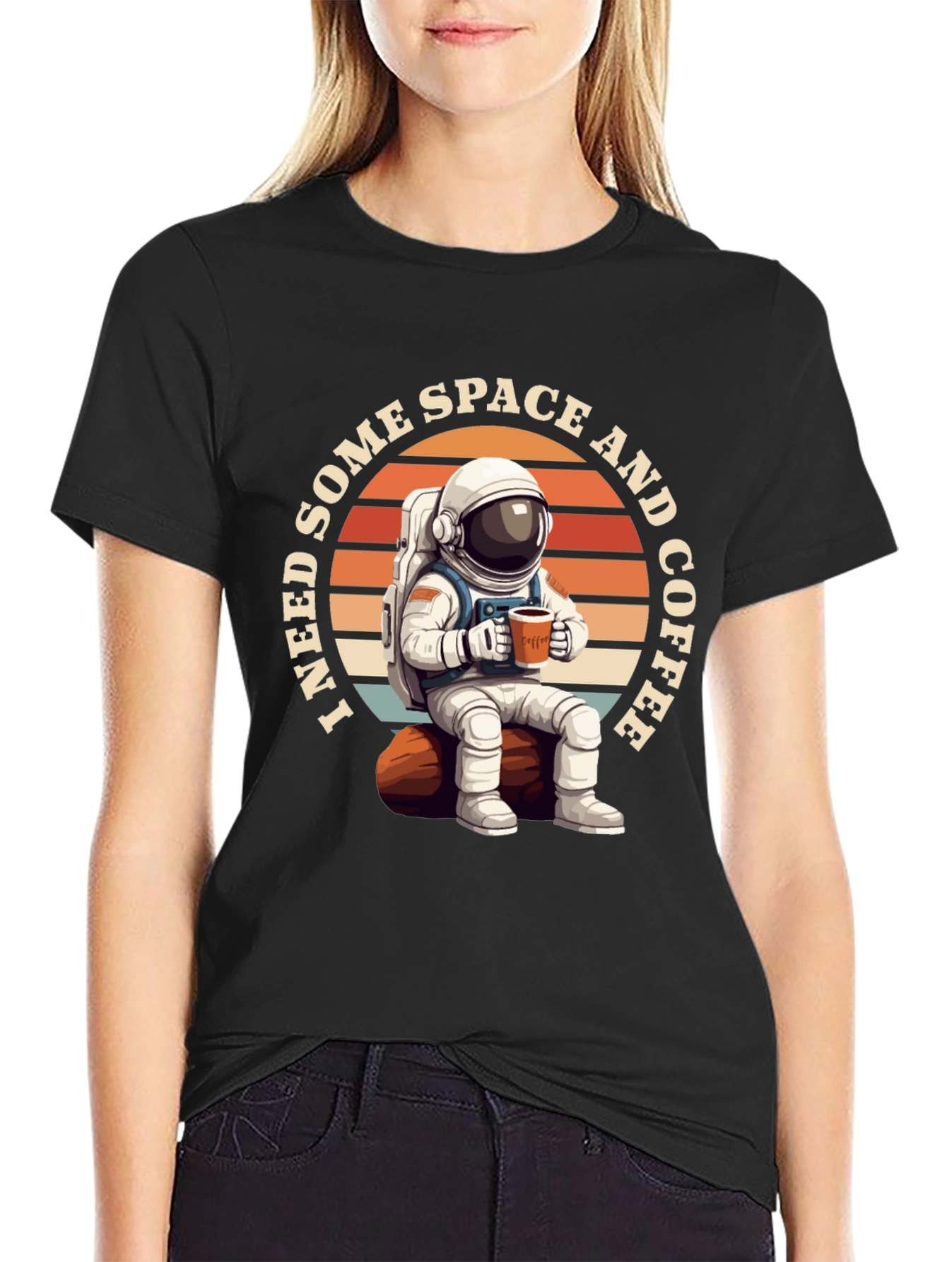 Space & Coffee Graphic T-Shirt - Relaxed Astronaut Design
