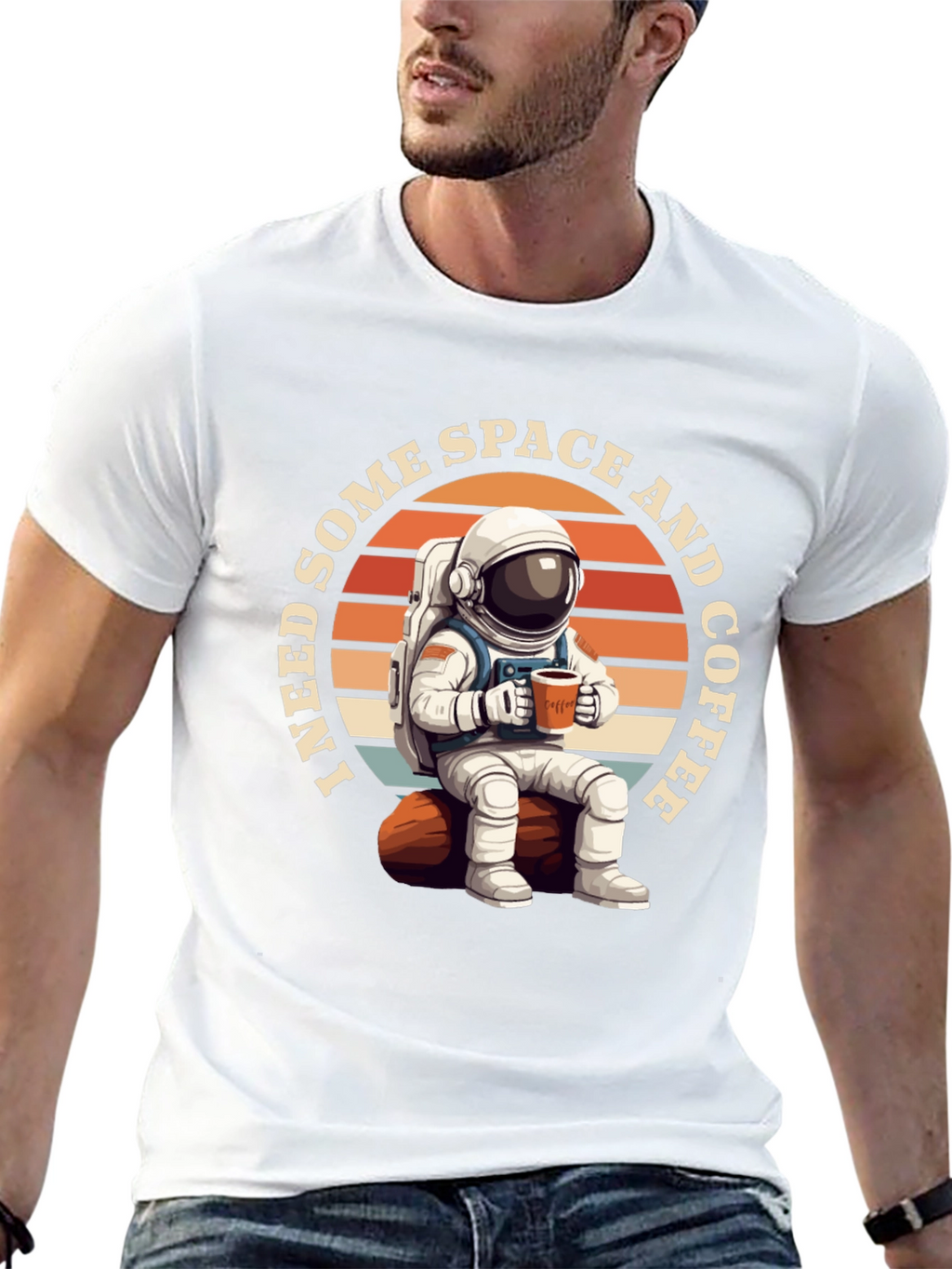 Space & Coffee Graphic T-Shirt - Relaxed Astronaut Design