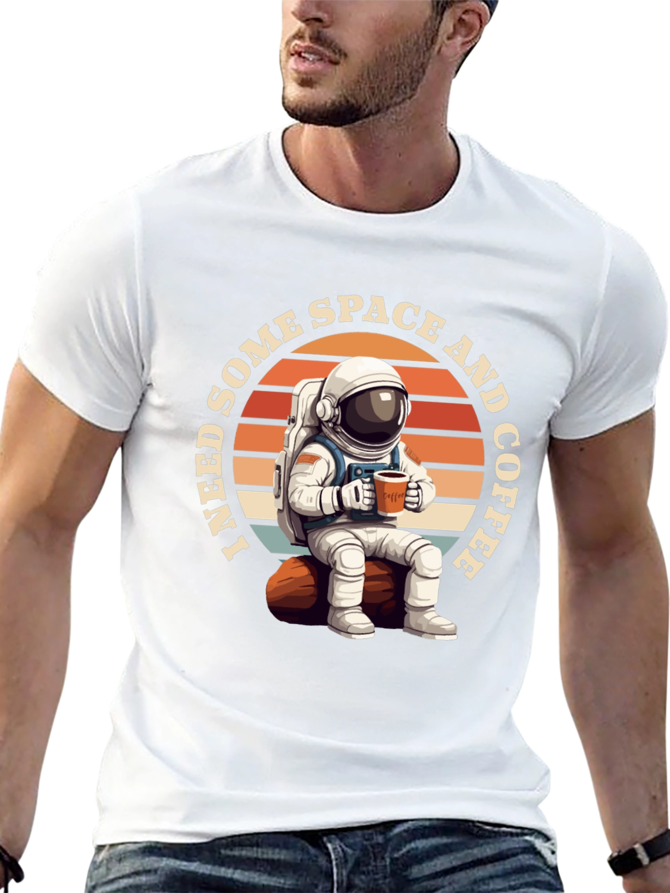 Space & Coffee Graphic T-Shirt - Relaxed Astronaut Design