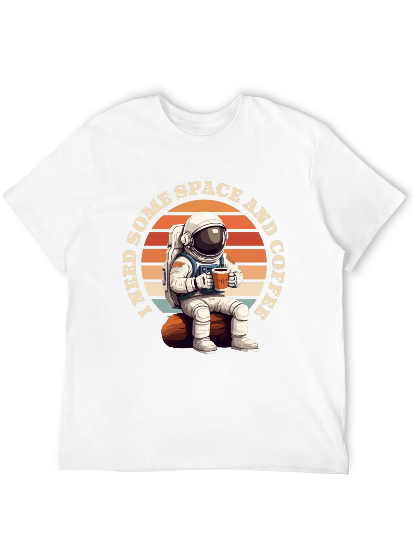 Space & Coffee Graphic T-Shirt - Relaxed Astronaut Design