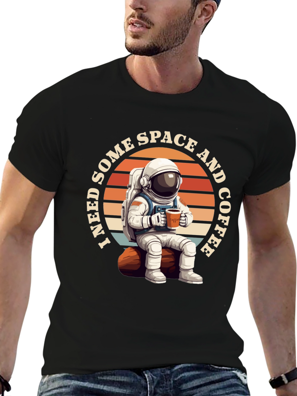 Space & Coffee Graphic T-Shirt - Relaxed Astronaut Design