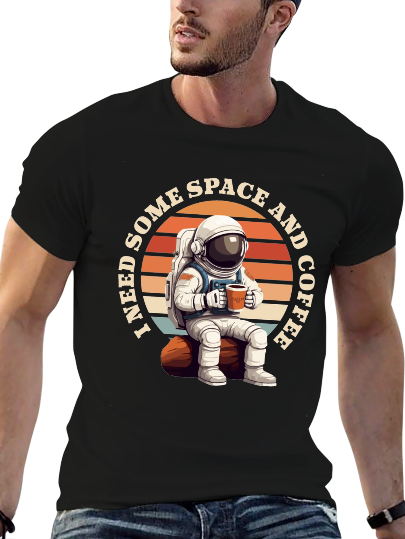 Space & Coffee Graphic T-Shirt - Relaxed Astronaut Design