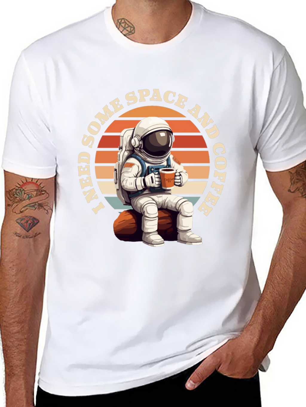 Space & Coffee Graphic T-Shirt - Relaxed Astronaut Design