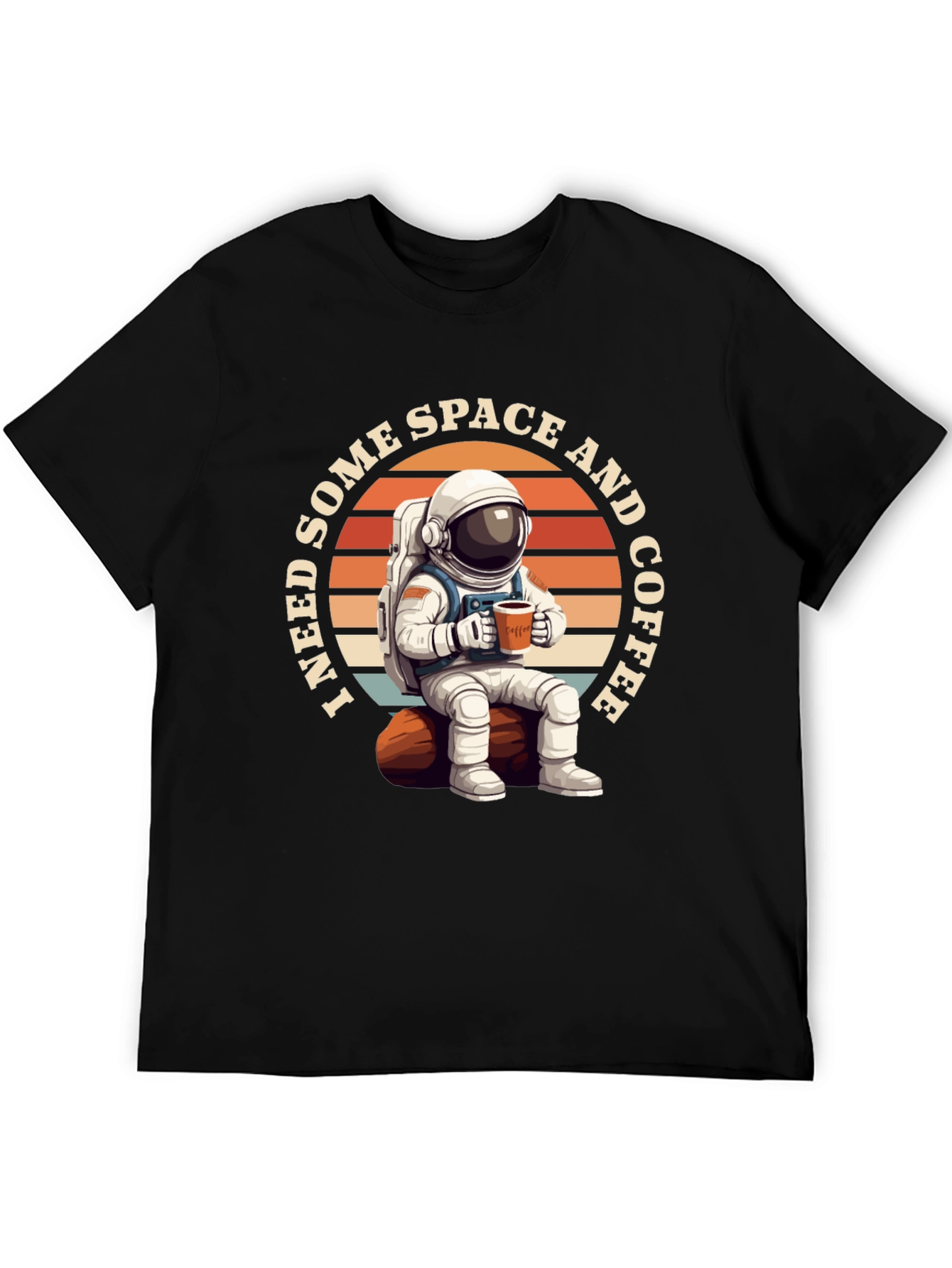 Space & Coffee Graphic T-Shirt - Relaxed Astronaut Design