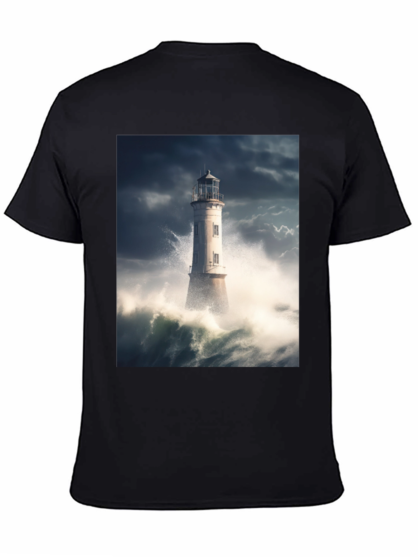 Stormy Lighthouse Graphic Tee - Mens Black Cotton T-Shirt