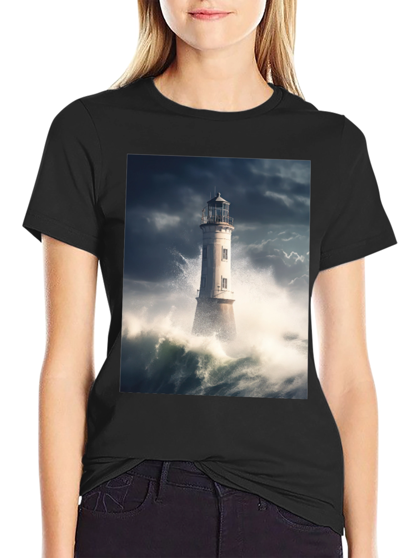 Stormy Lighthouse Graphic Tee - Mens Black Cotton T-Shirt
