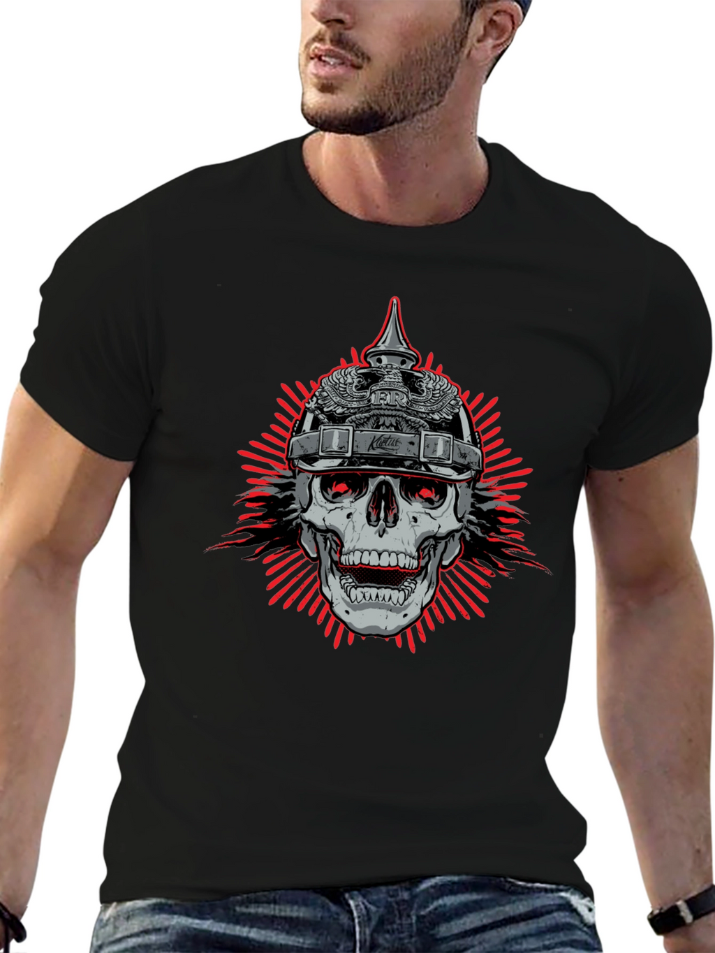 Skull with Helmet Graphic Black T-Shirt