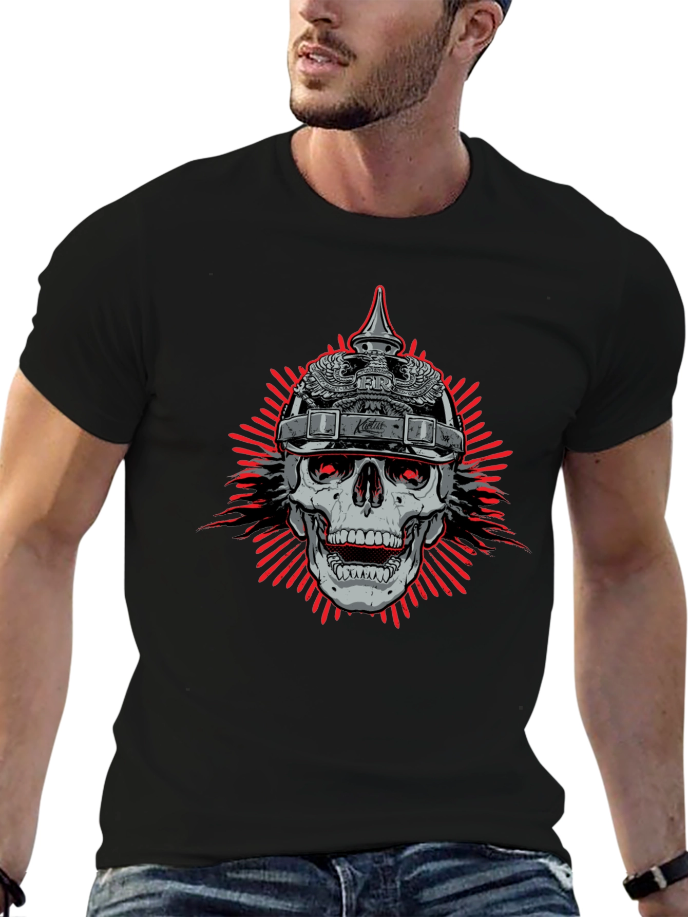 Skull with Helmet Graphic Black T-Shirt