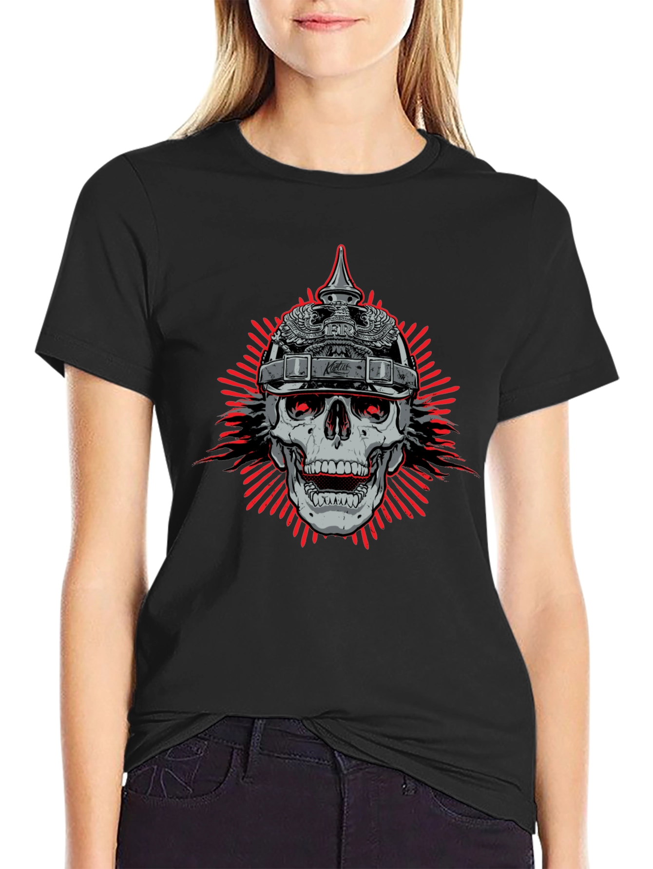 Skull with Helmet Graphic Black T-Shirt