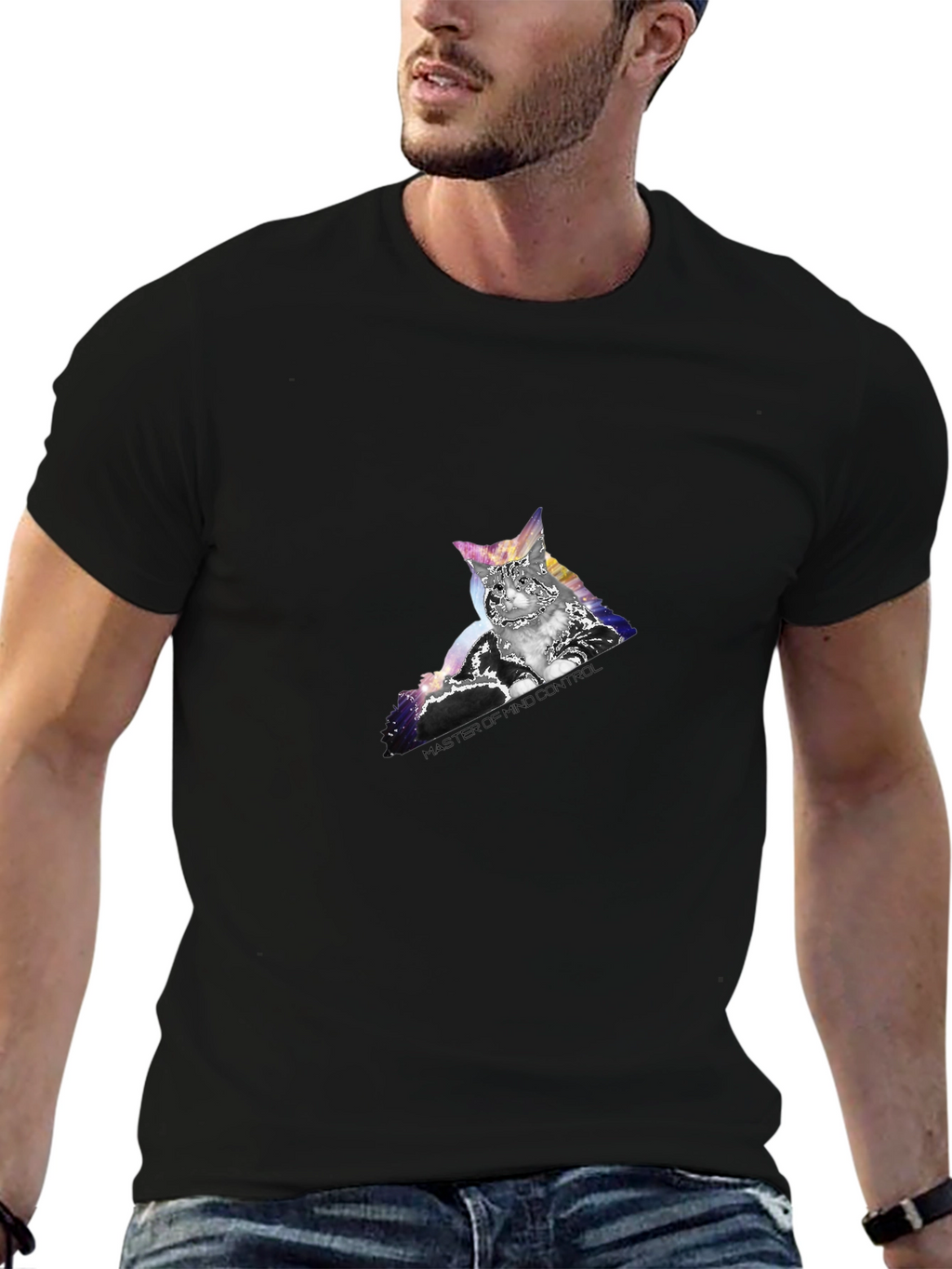 Mind Control Cat Graphic Tee - Black Cotton T-Shirt