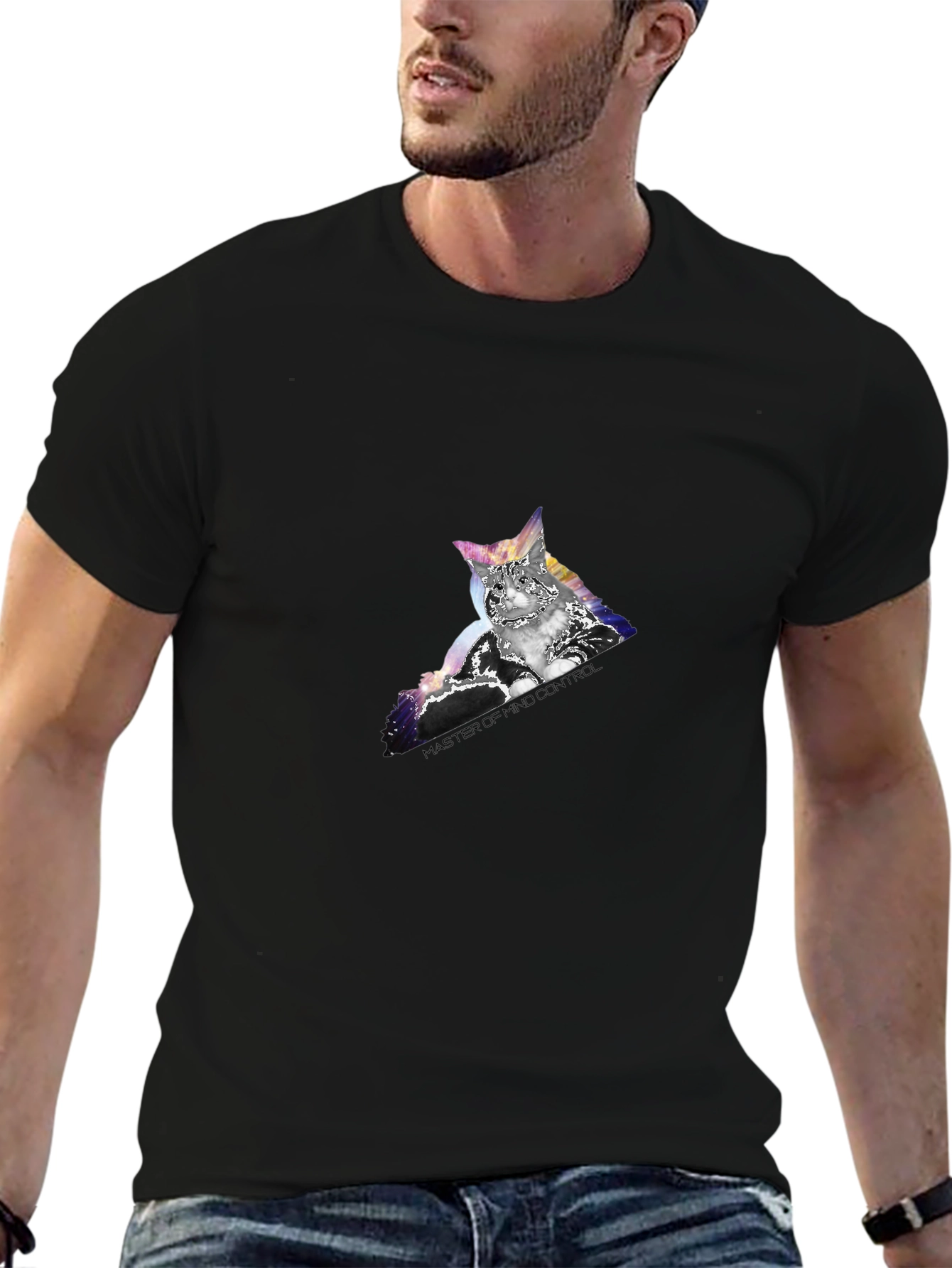 Mind Control Cat Graphic Tee - Black Cotton T-Shirt
