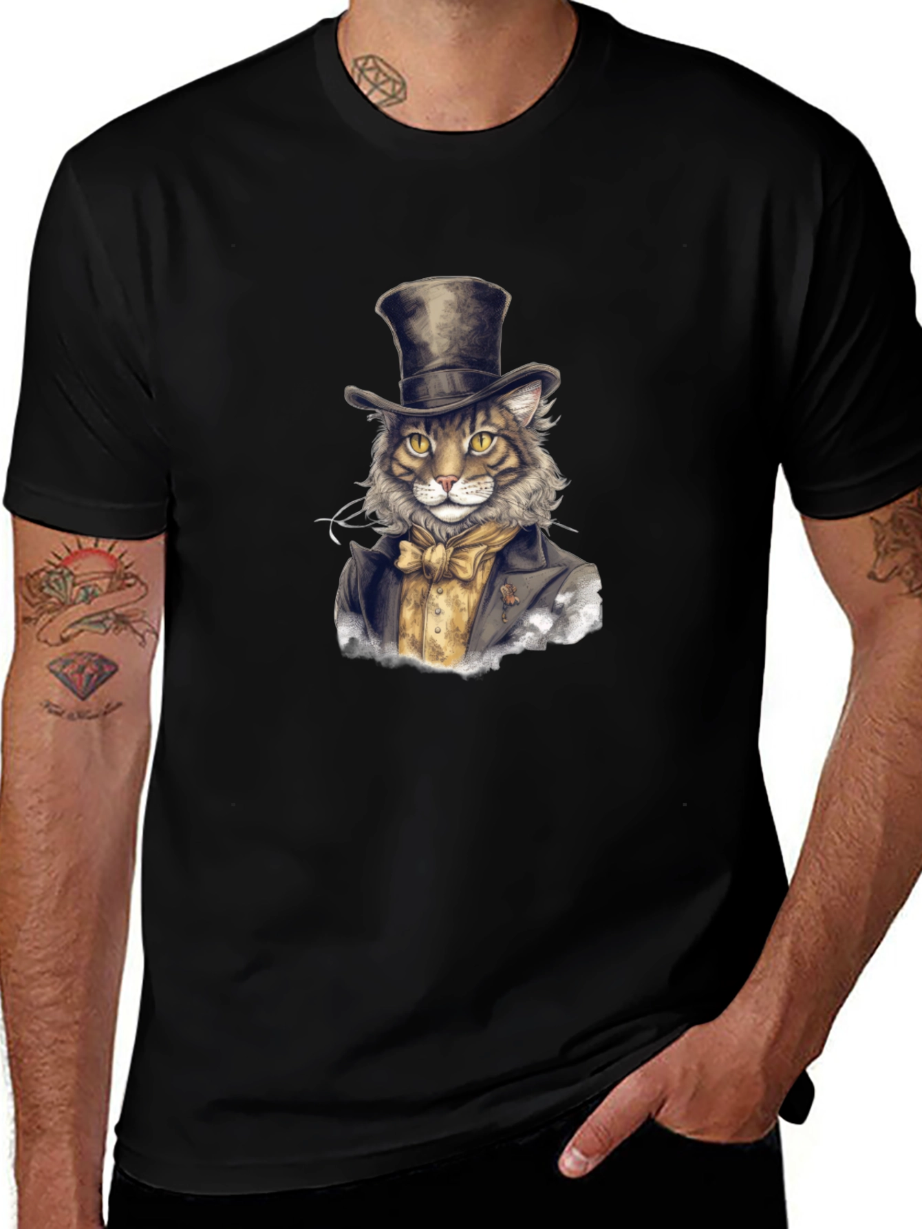 Dapper Cat Top Hat Graphic Tee - Black