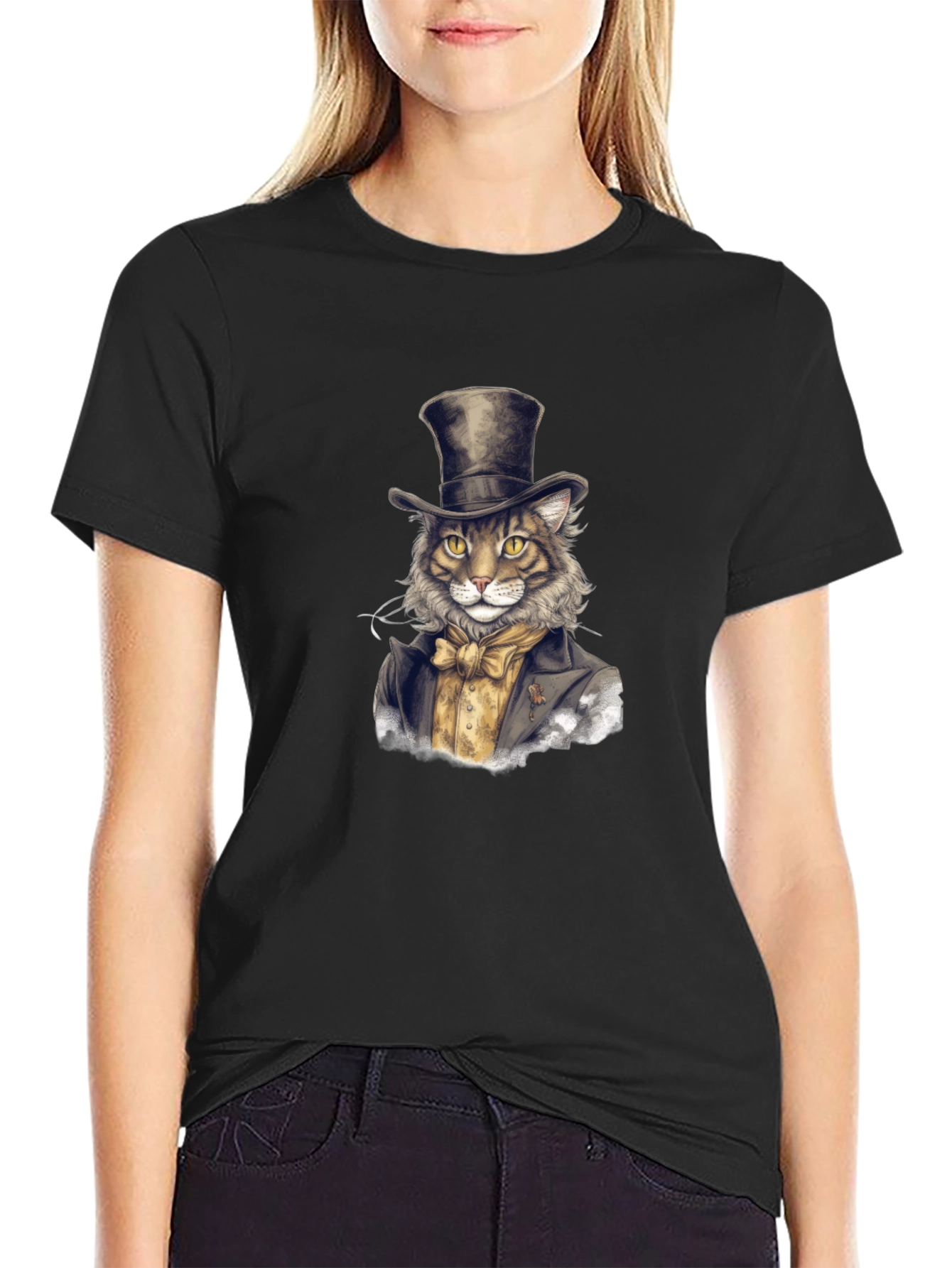 Dapper Cat Top Hat Graphic Tee - Black