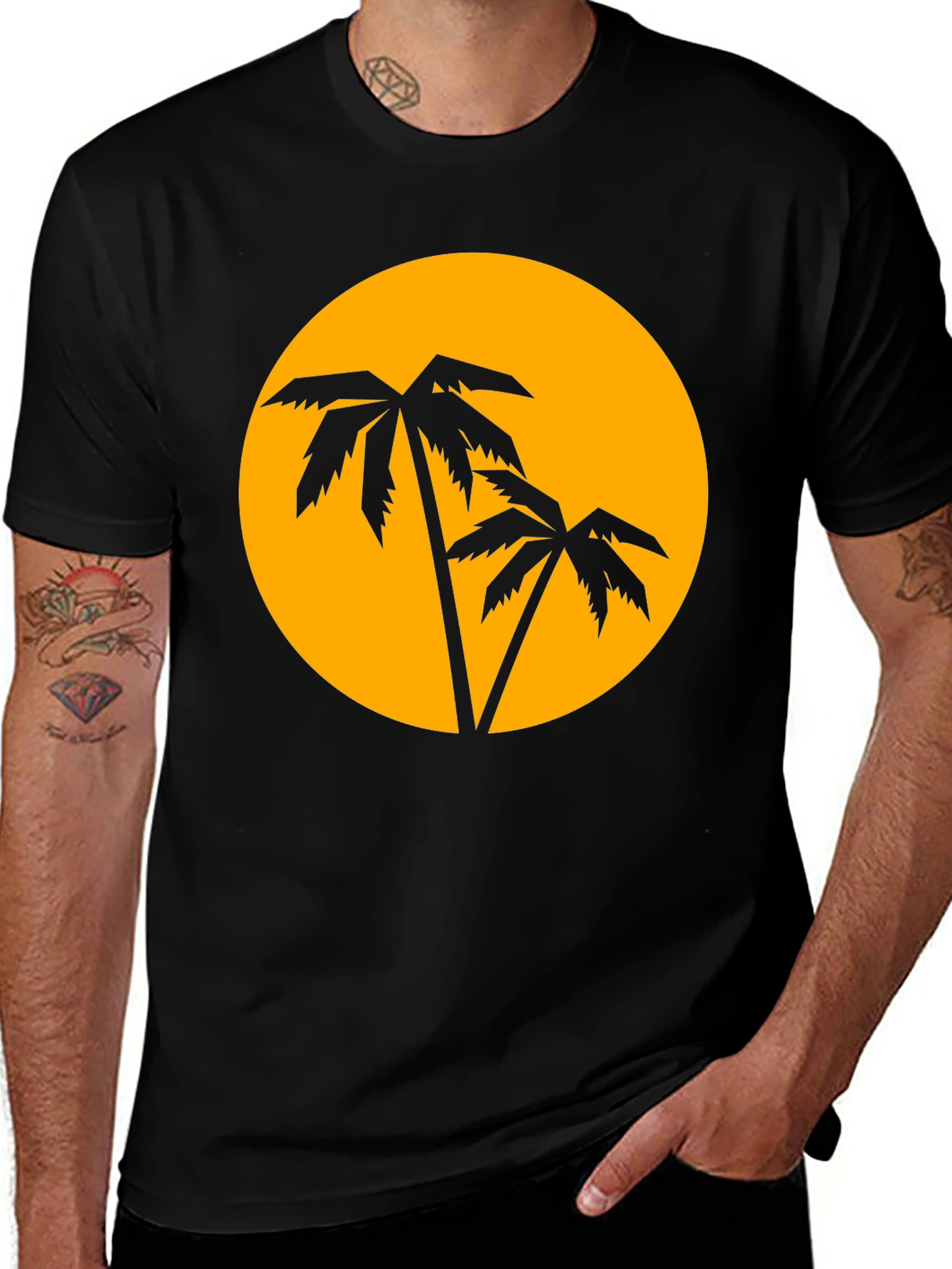 Tropical Palm Tree Sunset Graphic Tee - Black