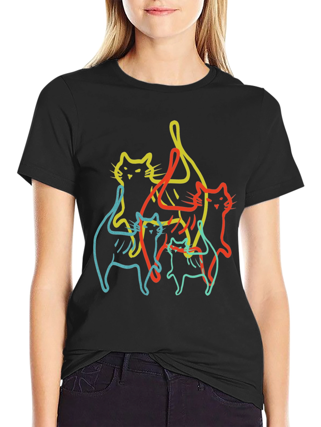 Abstract Cat Line Art Black T-Shirt