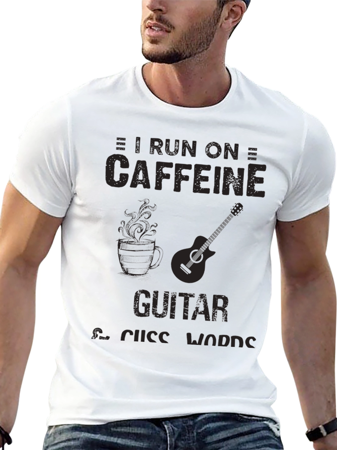 Caffeine Guitar & Cuss Words Black T-Shirt