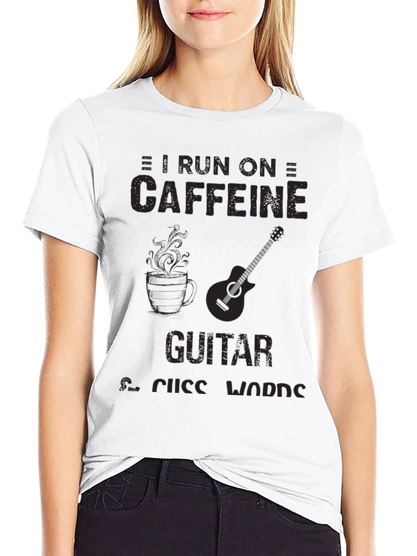 Caffeine Guitar & Cuss Words Black T-Shirt