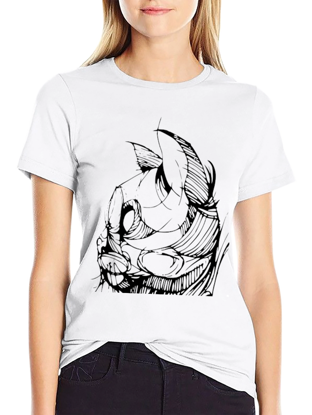 Mens Black Graphic Tee - Abstract Cat Design